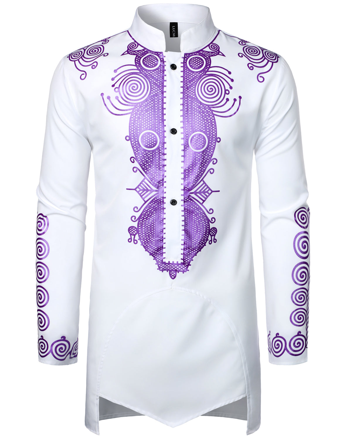 LucMatton Men's Traditional African Long Sleeve Dashiki Shiny Metallic Pattern Printed Party Shirt