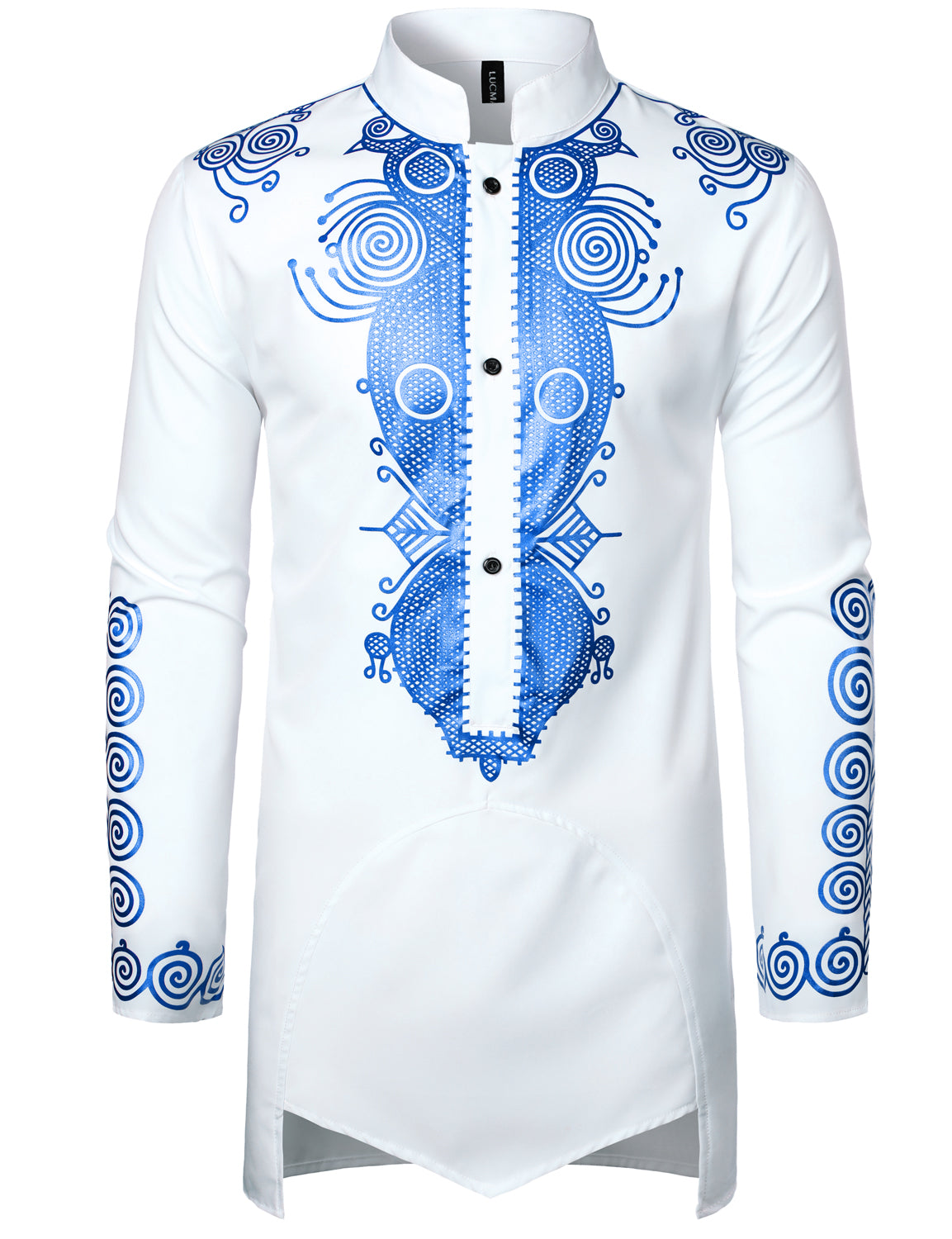 LucMatton Men's Traditional African Long Sleeve Dashiki Shiny Metallic Pattern Printed Party Shirt