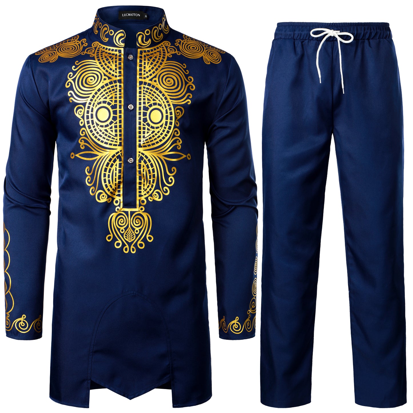 LucMatton Men's African 2 Piece Set Long Sleeve Gold Print Dashiki and Pants Outfit Traditional Suit