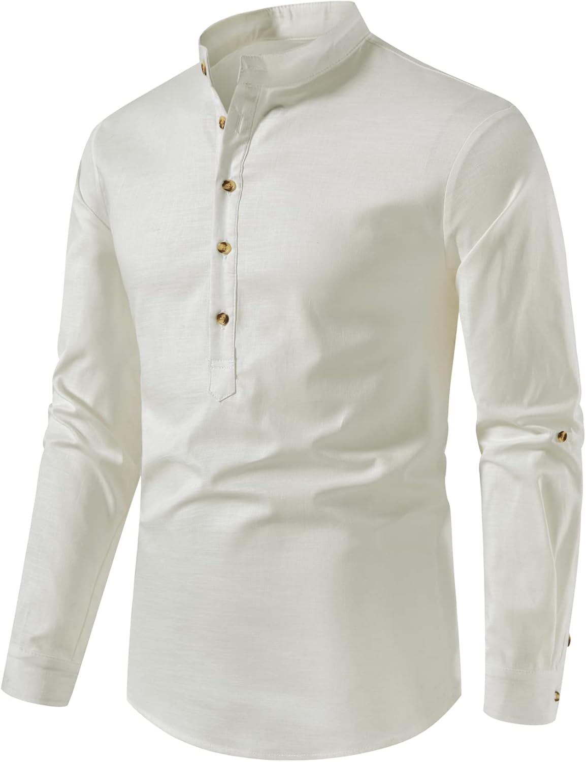 LucMatton Men's Cotton Retro Style Roll-up Long Sleeve Shirt, Slim Fit, Henley Tops, Solid, S,M,L,XL