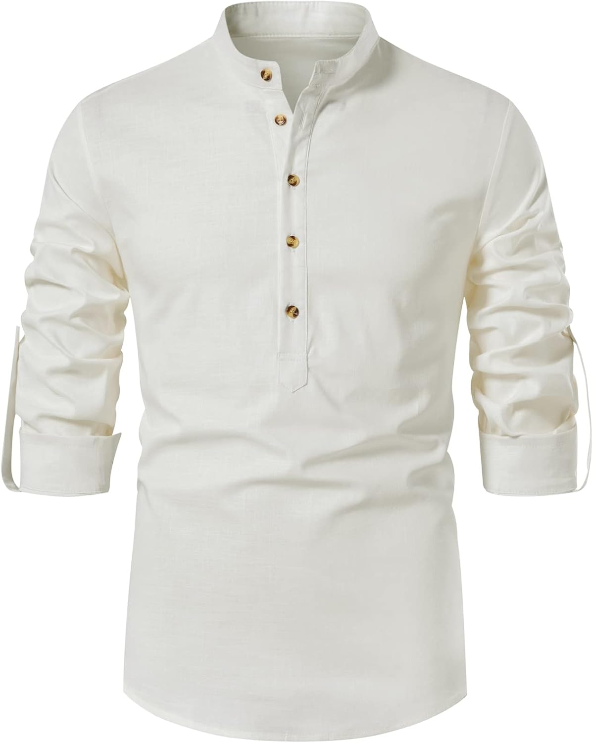 LucMatton Men's Cotton Retro Style Roll-up Long Sleeve Shirt, Slim Fit, Henley Tops, Solid, S,M,L,XL