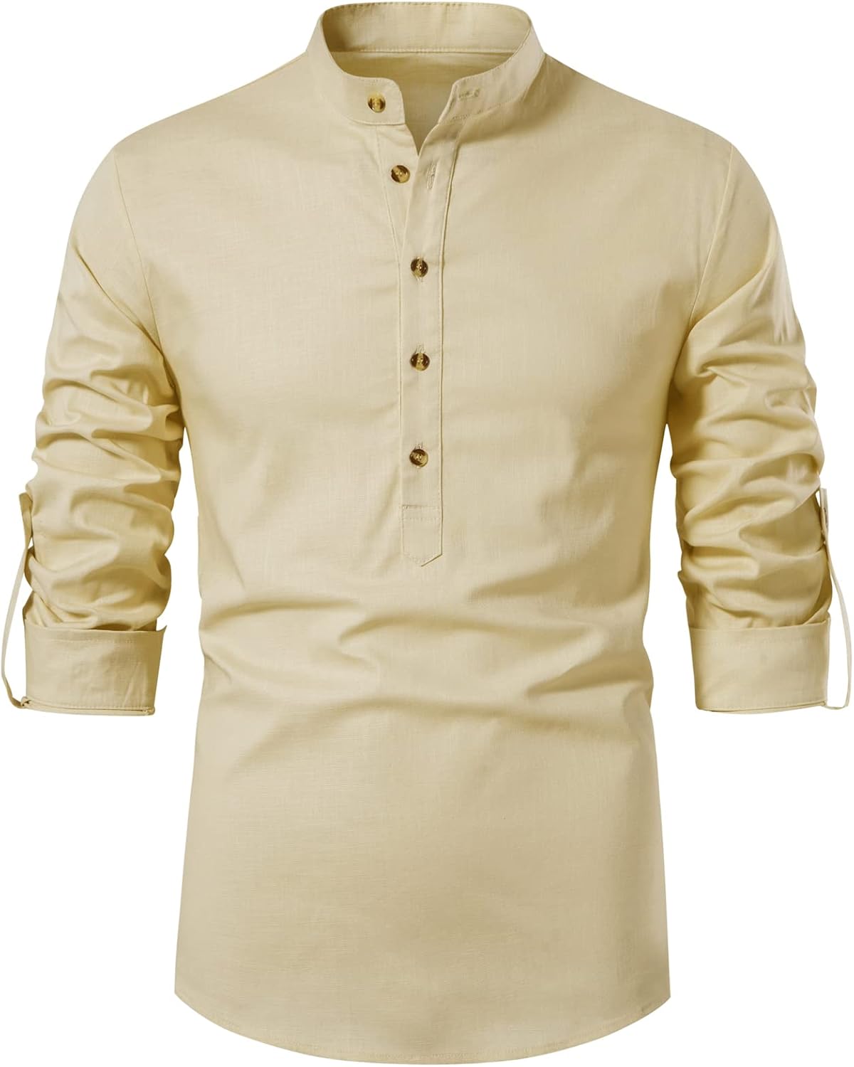 LucMatton Men's Cotton Retro Style Roll-up Long Sleeve Shirt, Slim Fit, Henley Tops, Solid, S,M,L,XL