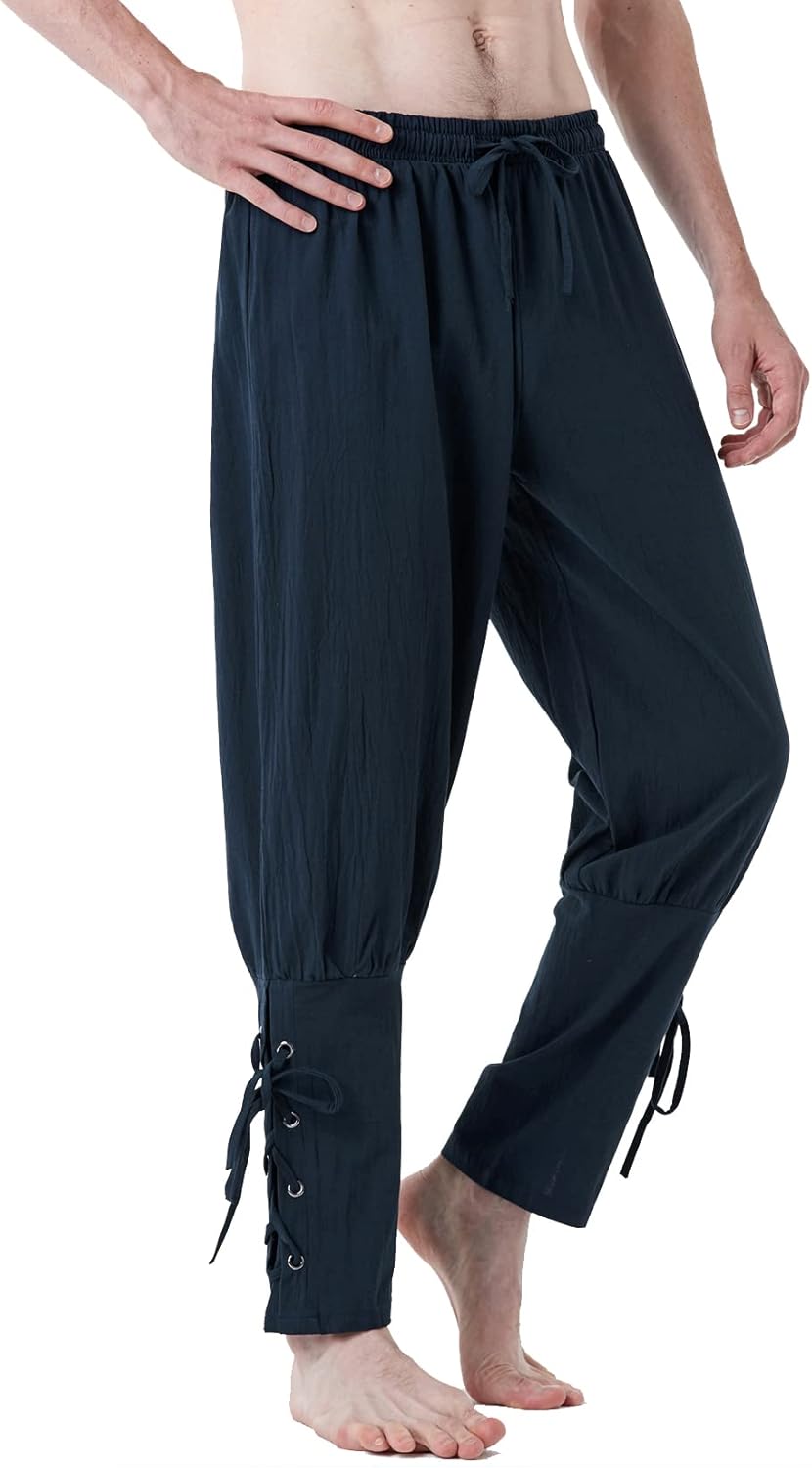 LucMatton Men's Cotton Retro Ankle Banded Pants for Halloween Cosplay Renaissance Medieval Viking Pirate Costume
