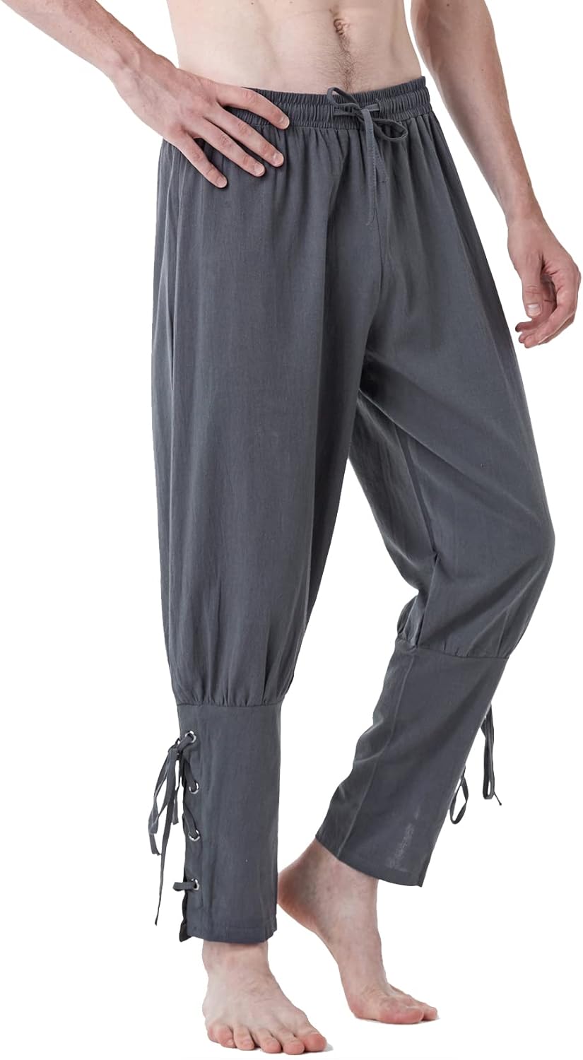 LucMatton Men's Cotton Retro Ankle Banded Pants for Halloween Cosplay Renaissance Medieval Viking Pirate Costume