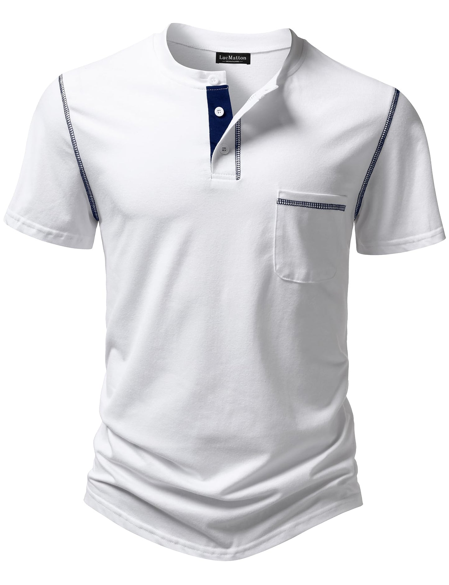 LucMatton Men's Sporty Casual Henley Shirt Short Sleeve Slim Fit Contrast Stitching T-Shirt with Pocket
