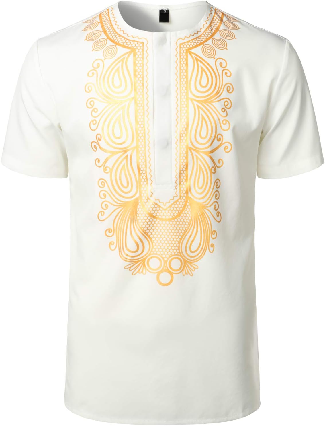 LucMatton Men's African Traditional Printed Dashiki Luxury Hidden Button Short Sleeve Shirt