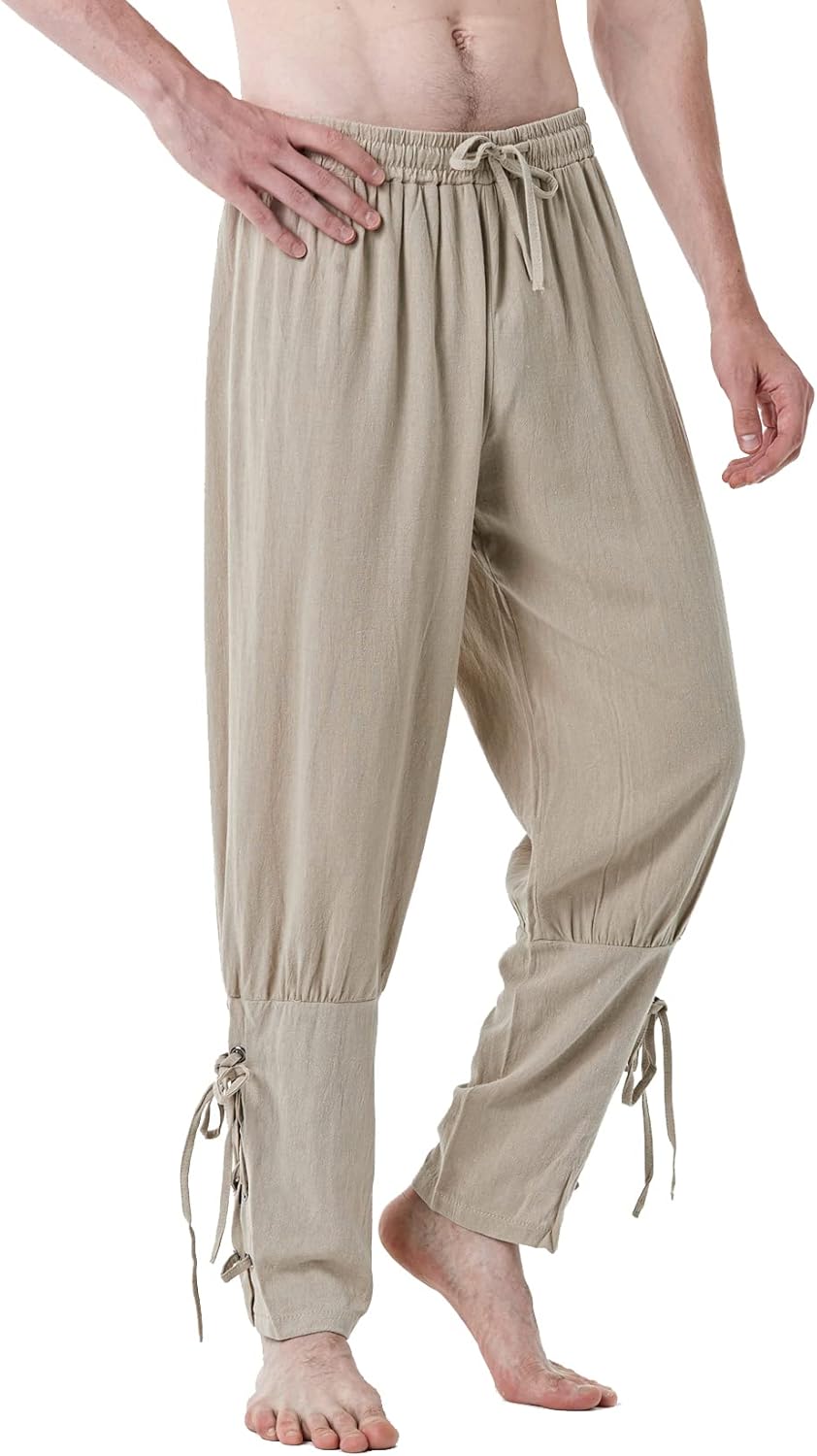 LucMatton Men's Cotton Retro Ankle Banded Pants for Halloween Cosplay Renaissance Medieval Viking Pirate Costume