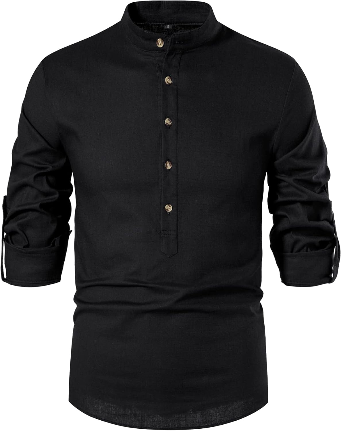 LucMatton Men's Cotton Retro Style Roll-up Long Sleeve Shirt, Slim Fit, Henley Tops, Solid, S,M,L,XL
