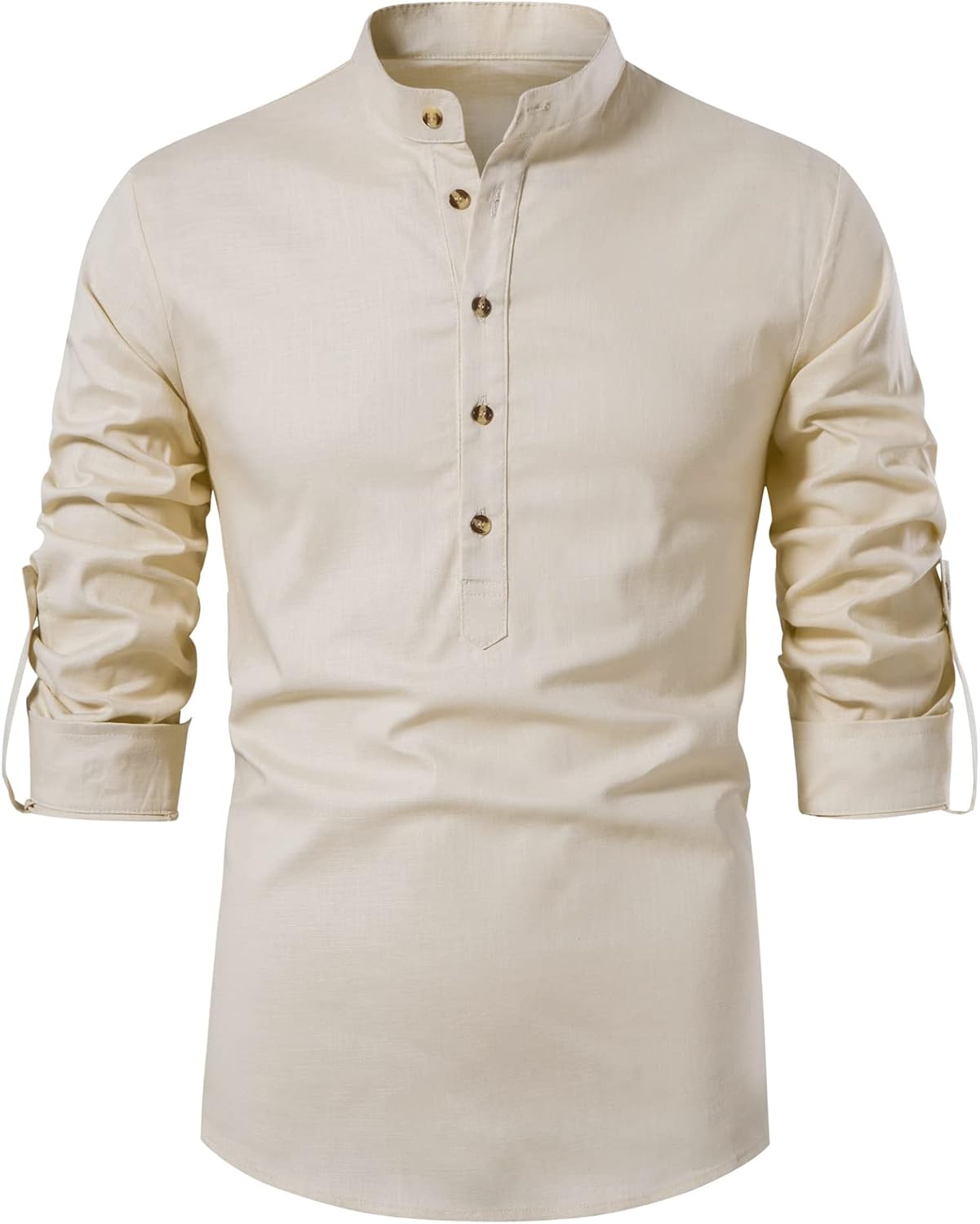LucMatton Men's Cotton Retro Style Roll-up Long Sleeve Shirt, Slim Fit, Henley Tops, Solid, S,M,L,XL