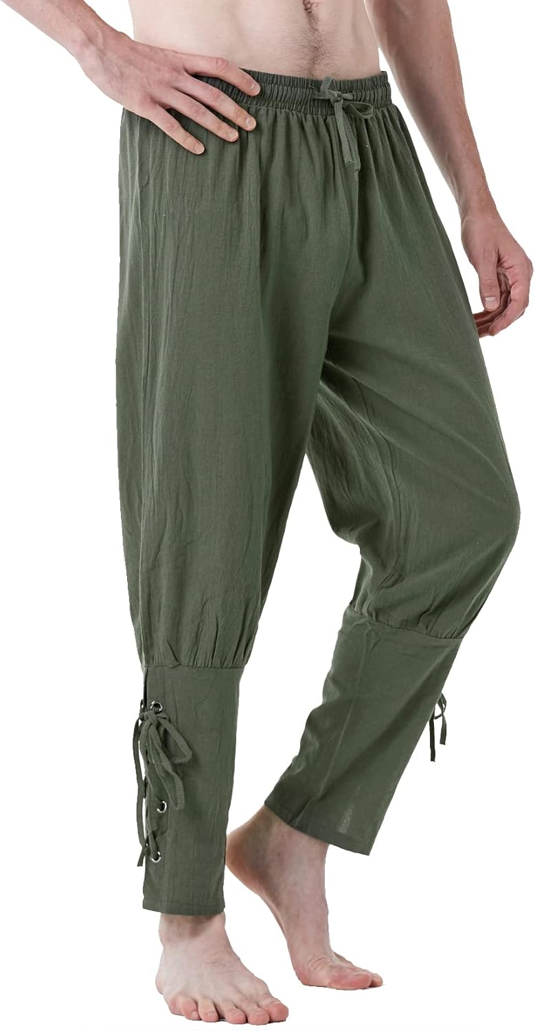 LucMatton Men's Cotton Retro Ankle Banded Pants for Halloween Cosplay Renaissance Medieval Viking Pirate Costume