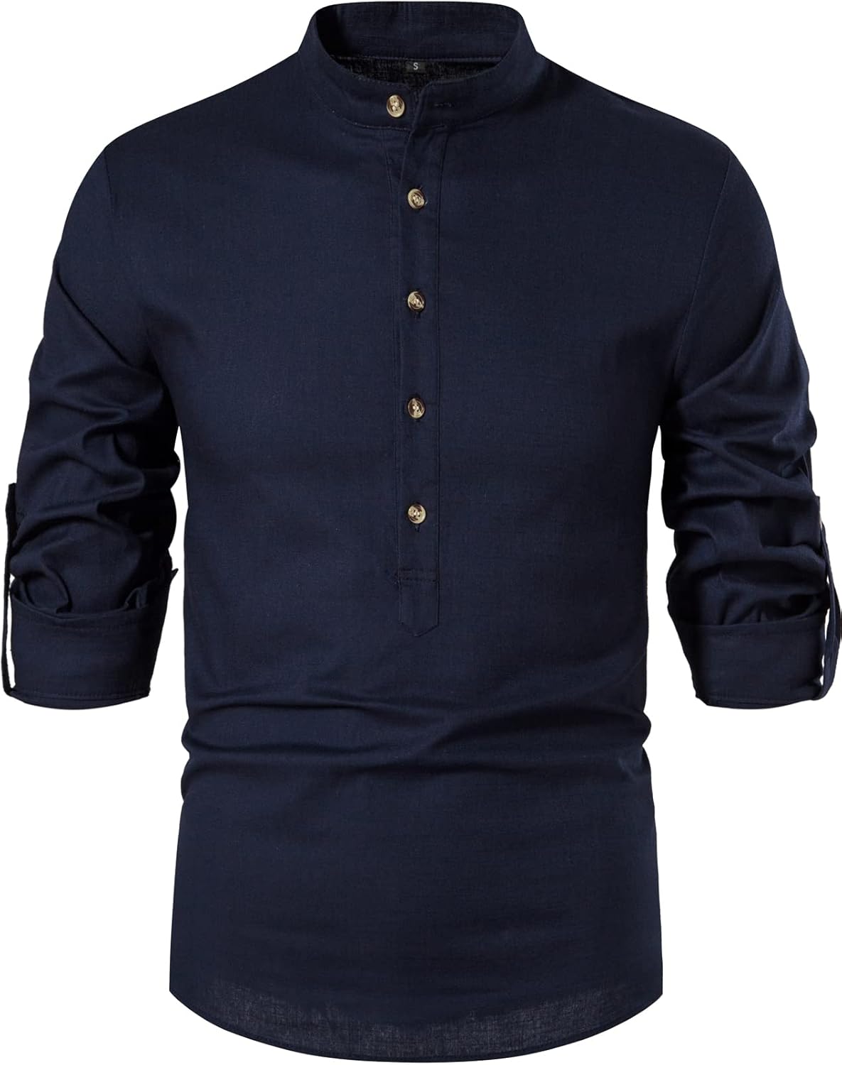 LucMatton Men's Cotton Retro Style Roll-up Long Sleeve Shirt, Slim Fit, Henley Tops, Solid, S,M,L,XL