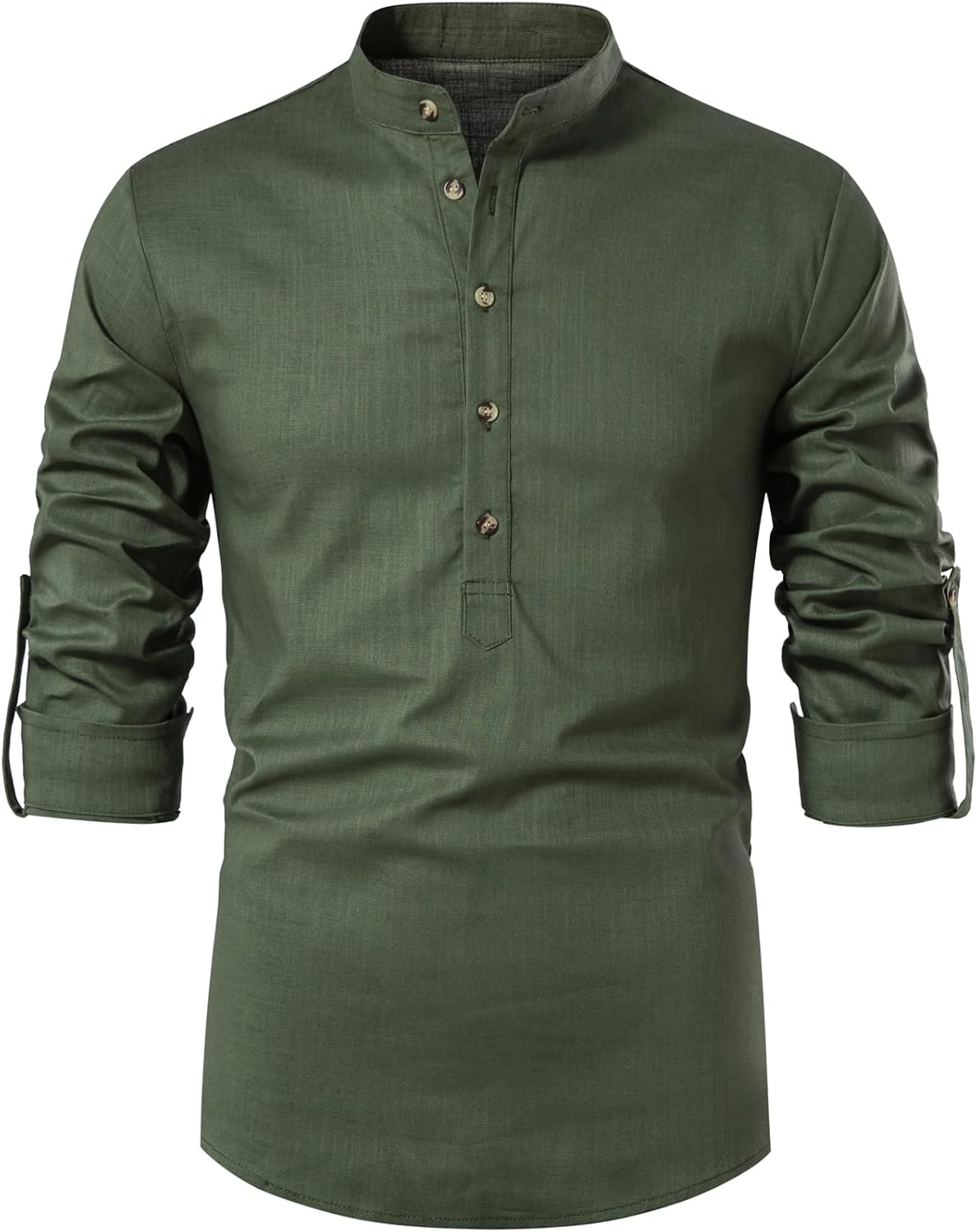 LucMatton Men's Cotton Retro Style Roll-up Long Sleeve Shirt, Slim Fit, Henley Tops, Solid, S,M,L,XL