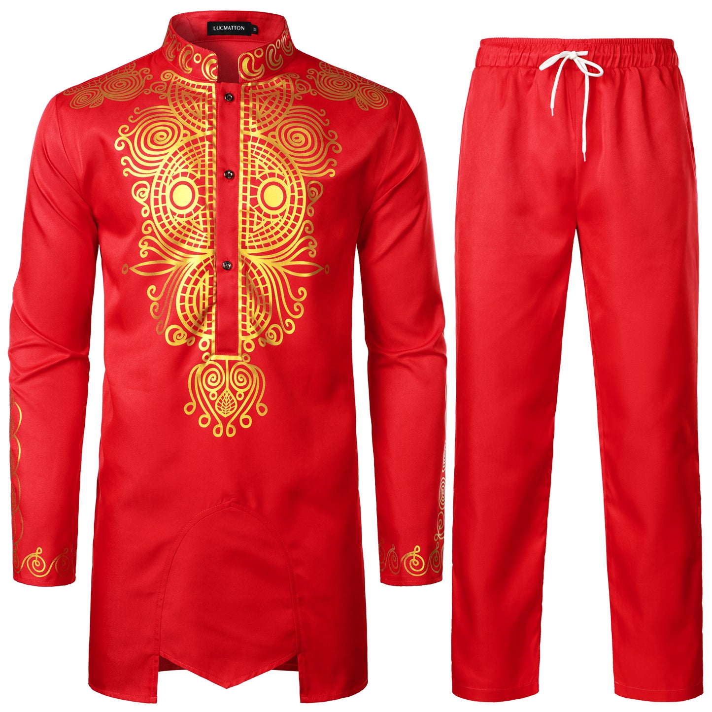 LucMatton Men's African 2 Piece Set Long Sleeve Gold Print Dashiki and Pants Outfit Traditional Suit