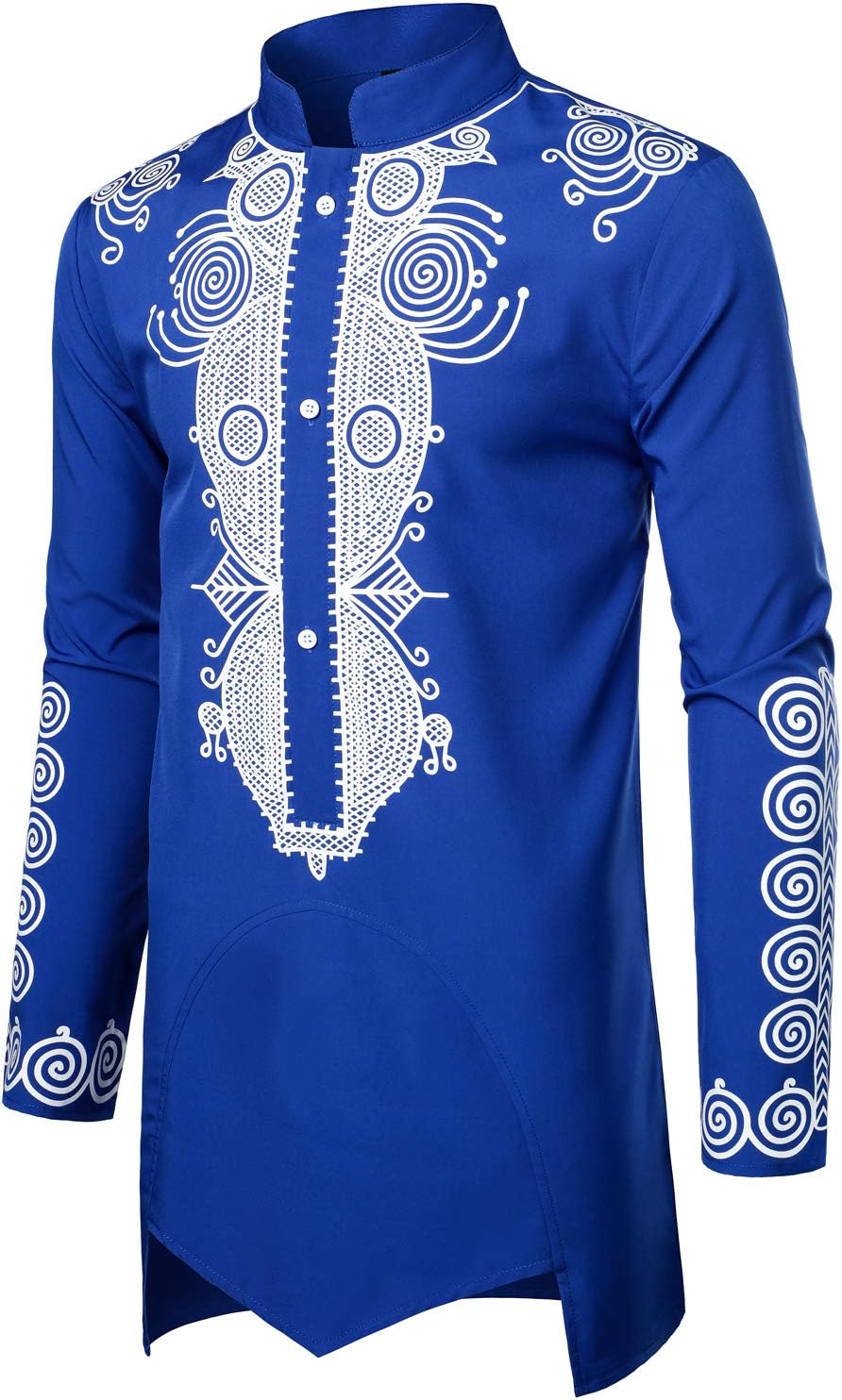 LucMatton Men's Traditional African Long Sleeve Dashiki Shiny Metallic Pattern Printed Party Shirt