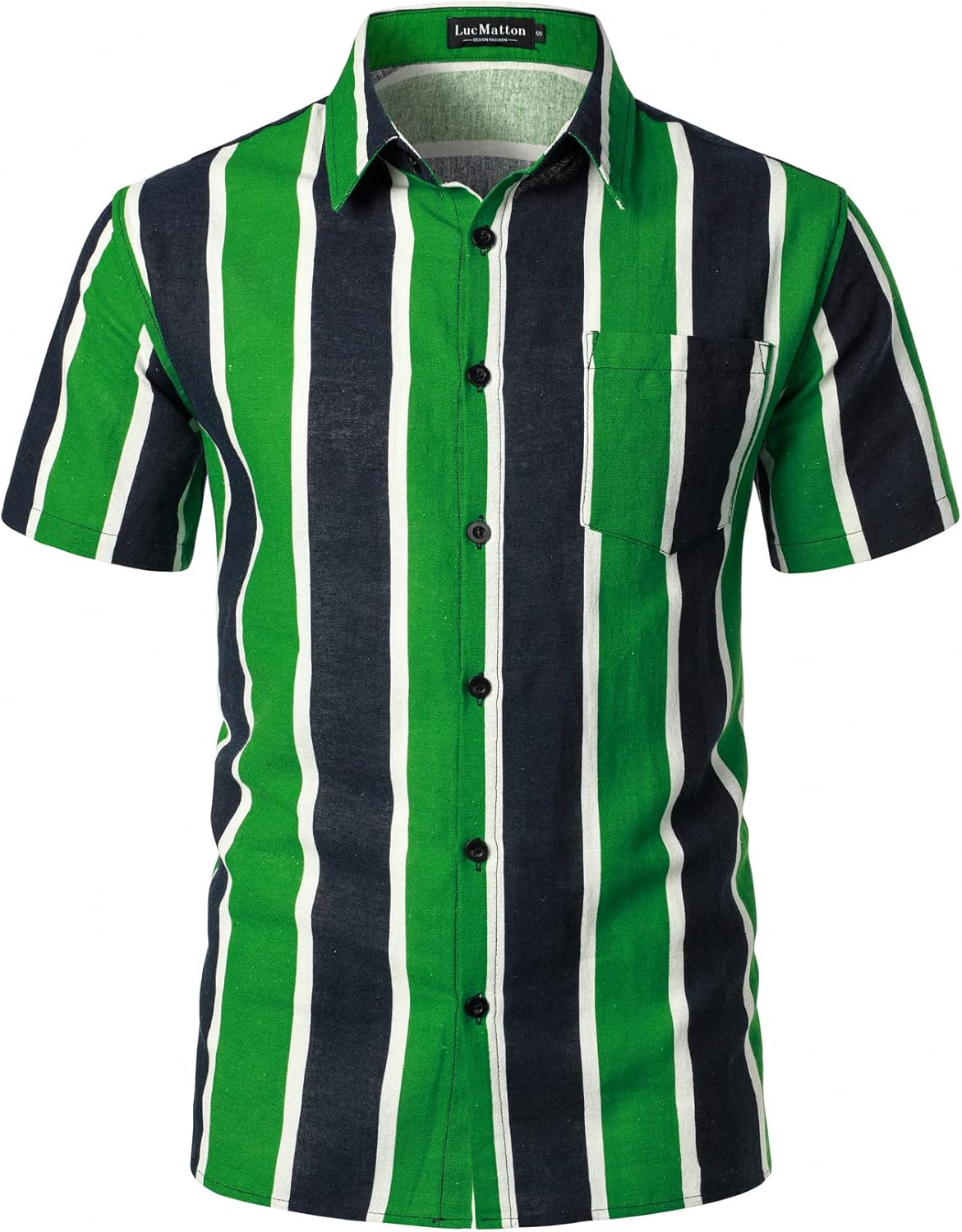 LucMatton Men's Cotton Linen Traditional Pattern Print Short Sleeve Button Down Hawaiian Shirts Black Green