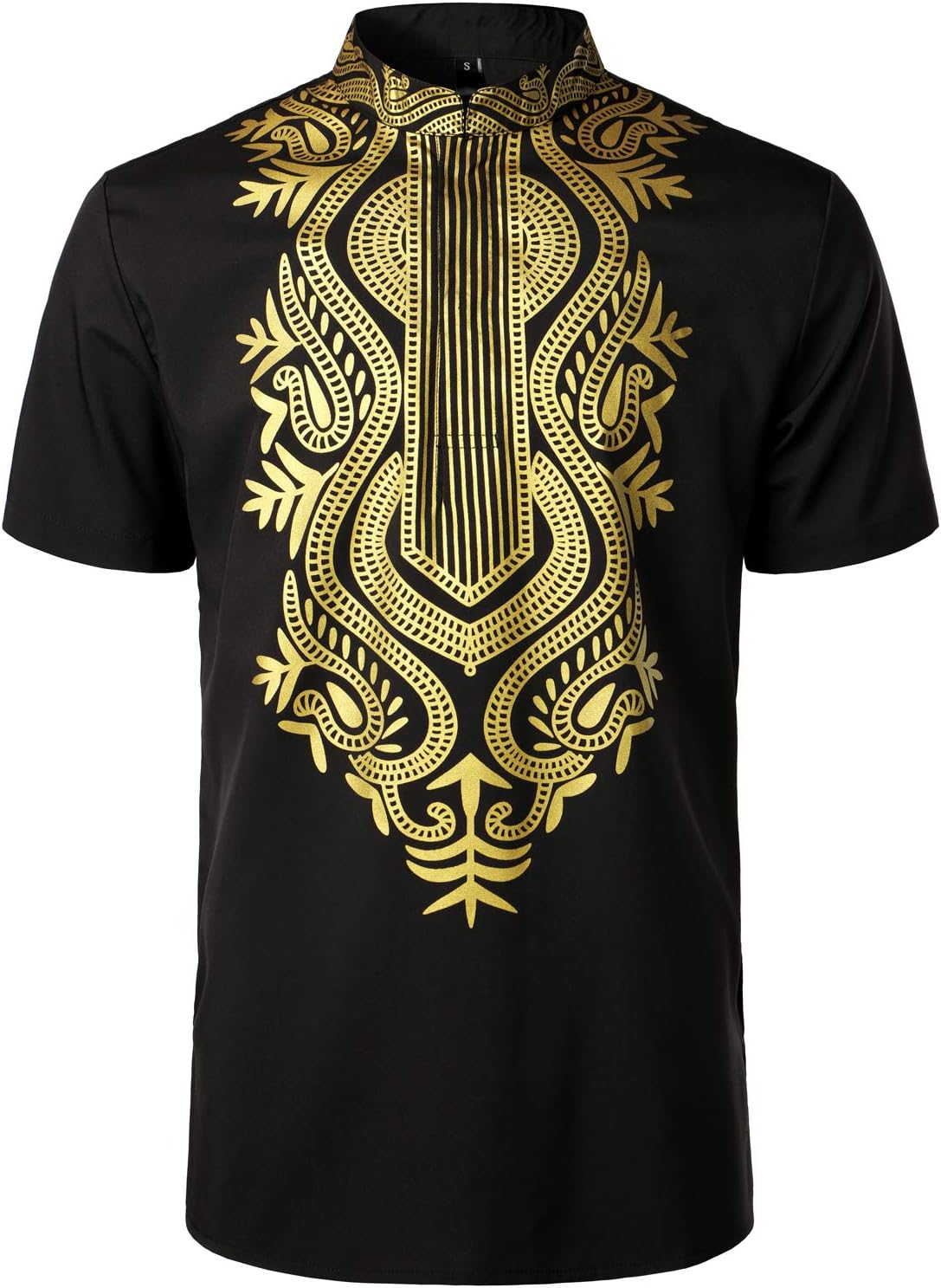 LucMatton Men's African Traditional Printed Dashiki Luxury Hidden Button Short Sleeve Shirt
