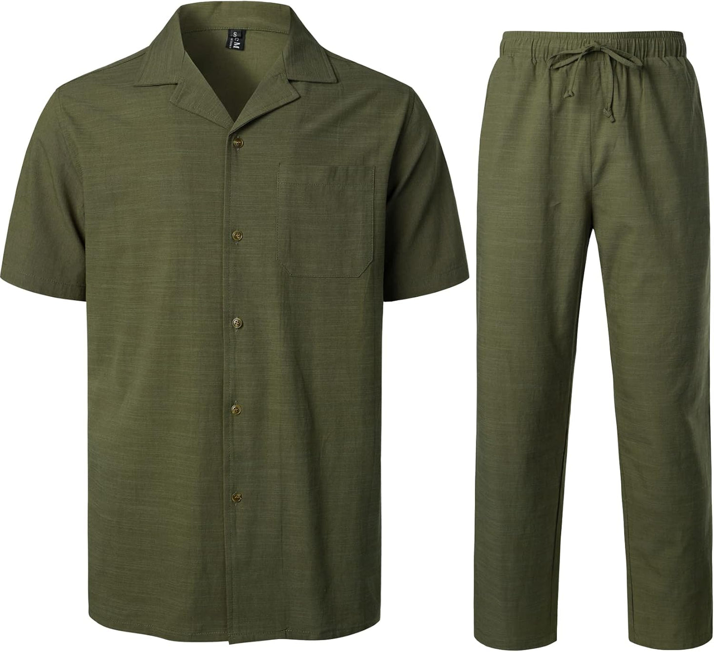 LucMatton Men's 2 Piece Casual Linen Outfits Summer Cuban Collar Walking Suits for Beach Vacation