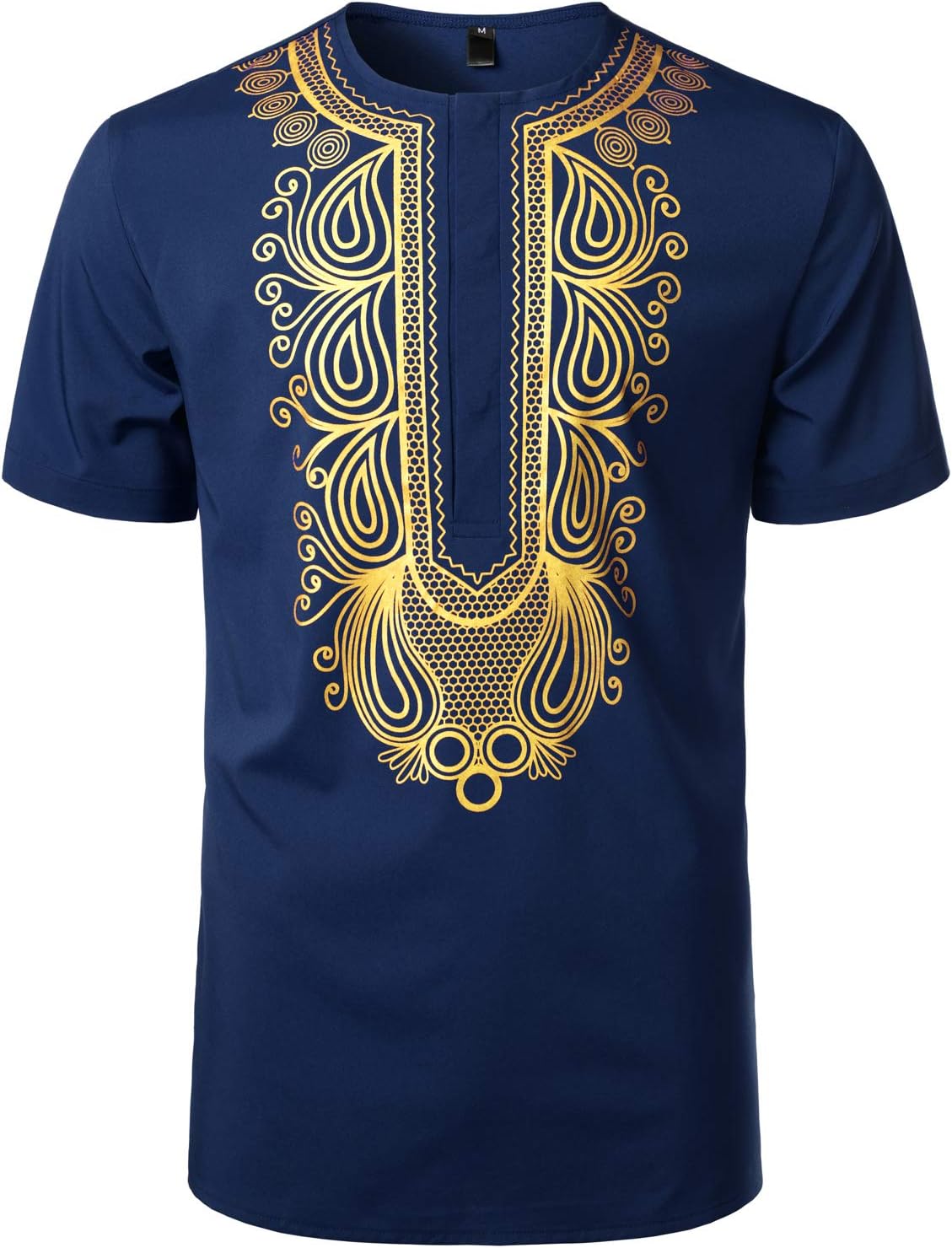 LucMatton Men's African Traditional Printed Dashiki Luxury Hidden Button Short Sleeve Shirt