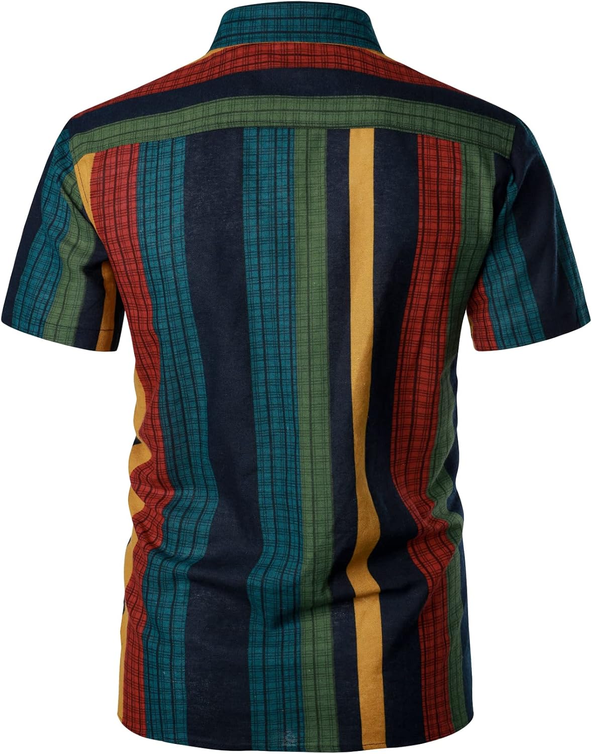LucMatton Men's Cotton Linen Traditional Pattern Print Short Sleeve Button Down Hawaiian Shirts Multicolor Stripe