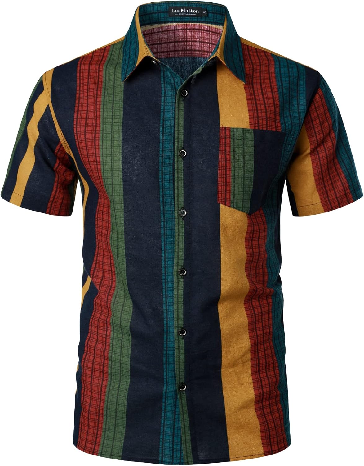 LucMatton Men's Cotton Linen Traditional Pattern Print Short Sleeve Button Down Hawaiian Shirts Multicolor Stripe