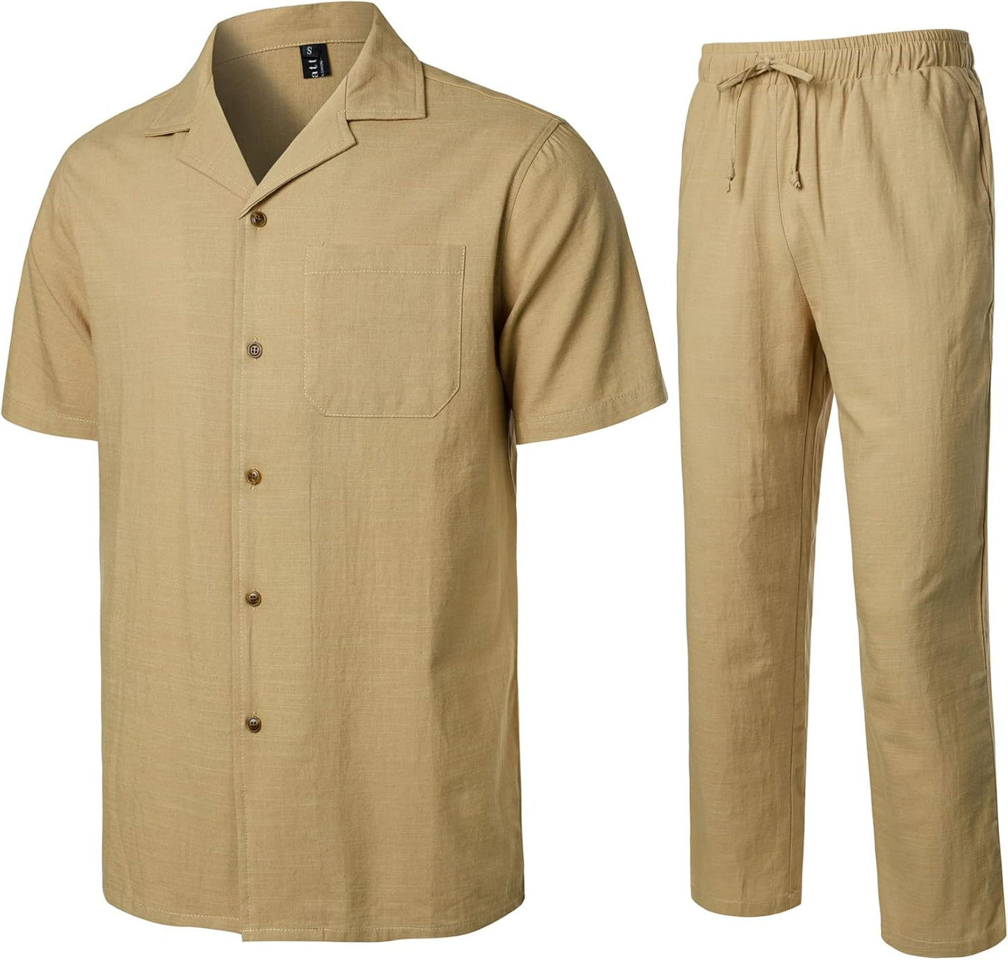 LucMatton Men's 2 Piece Casual Linen Outfits Summer Cuban Collar Walking Suits for Beach Vacation