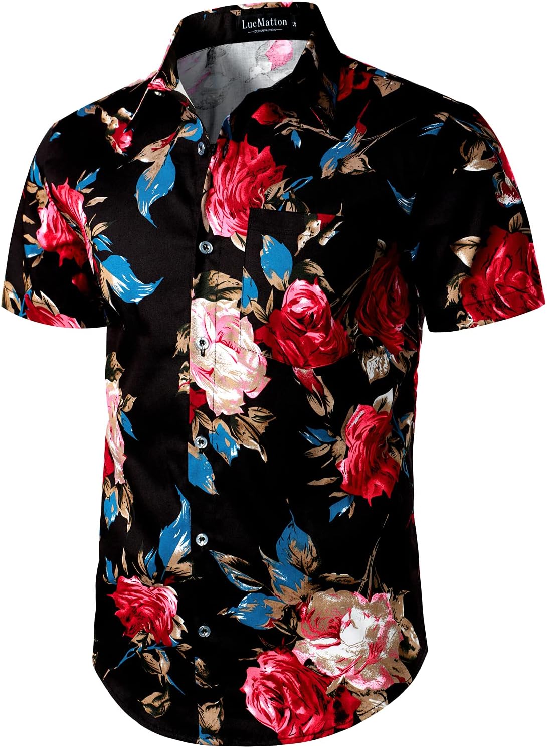 LucMatton Men's 2 Piece Floral Outfits Hipster Short Sleeve Button Down Shirt and Shorts Set Black Rose