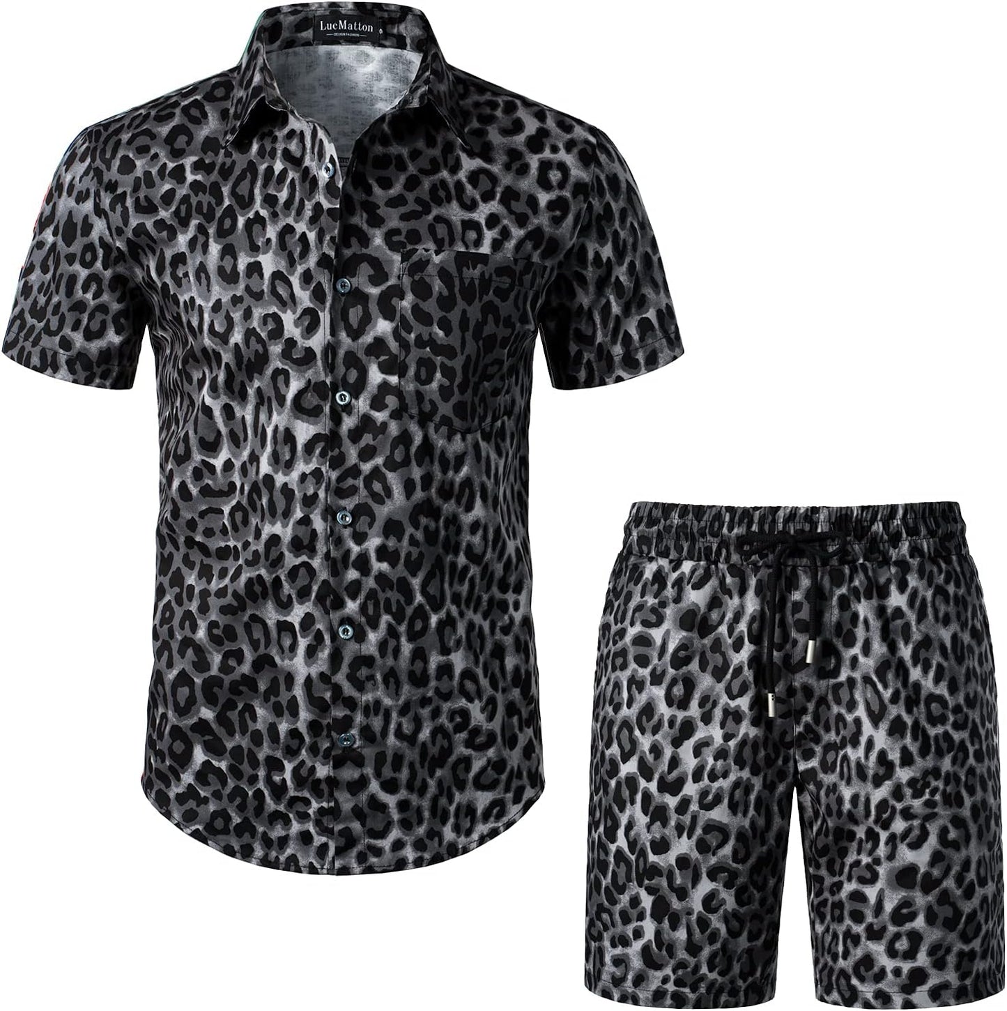 LucMatton Men's 2 Piece Floral Outfits Hipster Short Sleeve Button Down Shirt and Shorts Set Black Rose