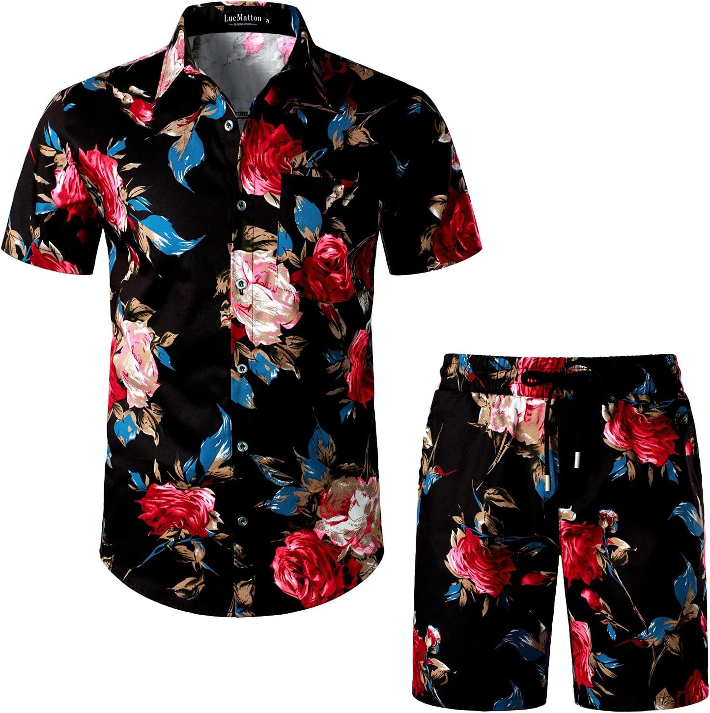 LucMatton Men's 2 Piece Floral Outfits Hipster Short Sleeve Button Down Shirt and Shorts Set Black Rose