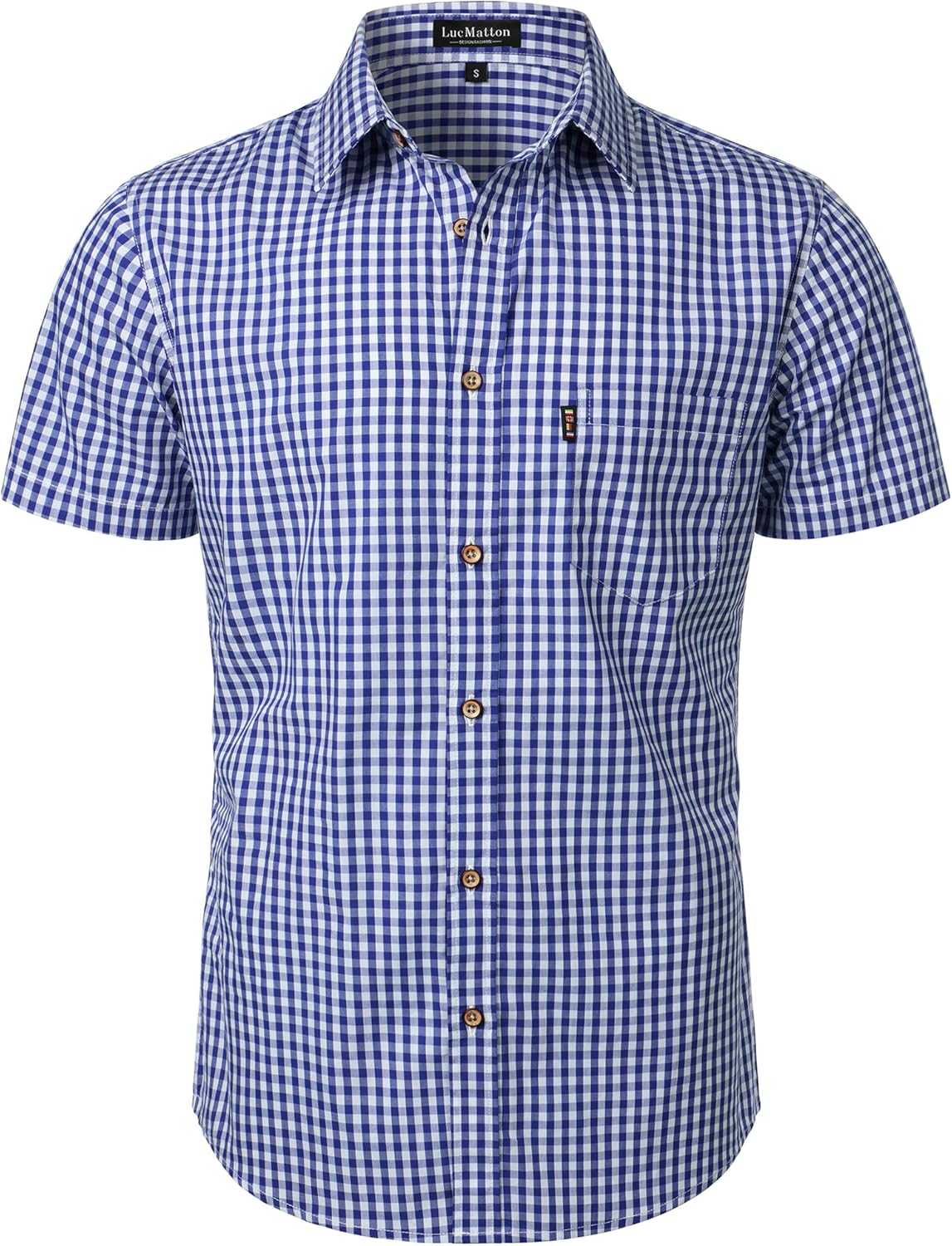 LucMatton Men's Gingham Short Sleeve Button Down Shirt Cotton Regular Fit Plaid Dress Shirts with Pocket