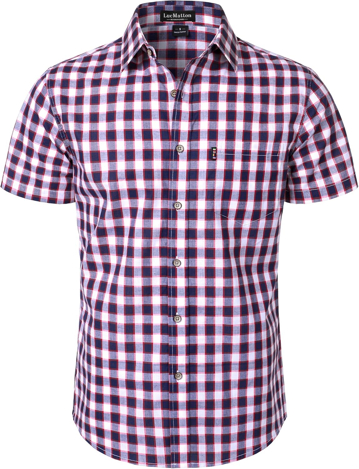 LucMatton Men's Gingham Short Sleeve Button Down Shirt Cotton Regular Fit Plaid Dress Shirts with Pocket