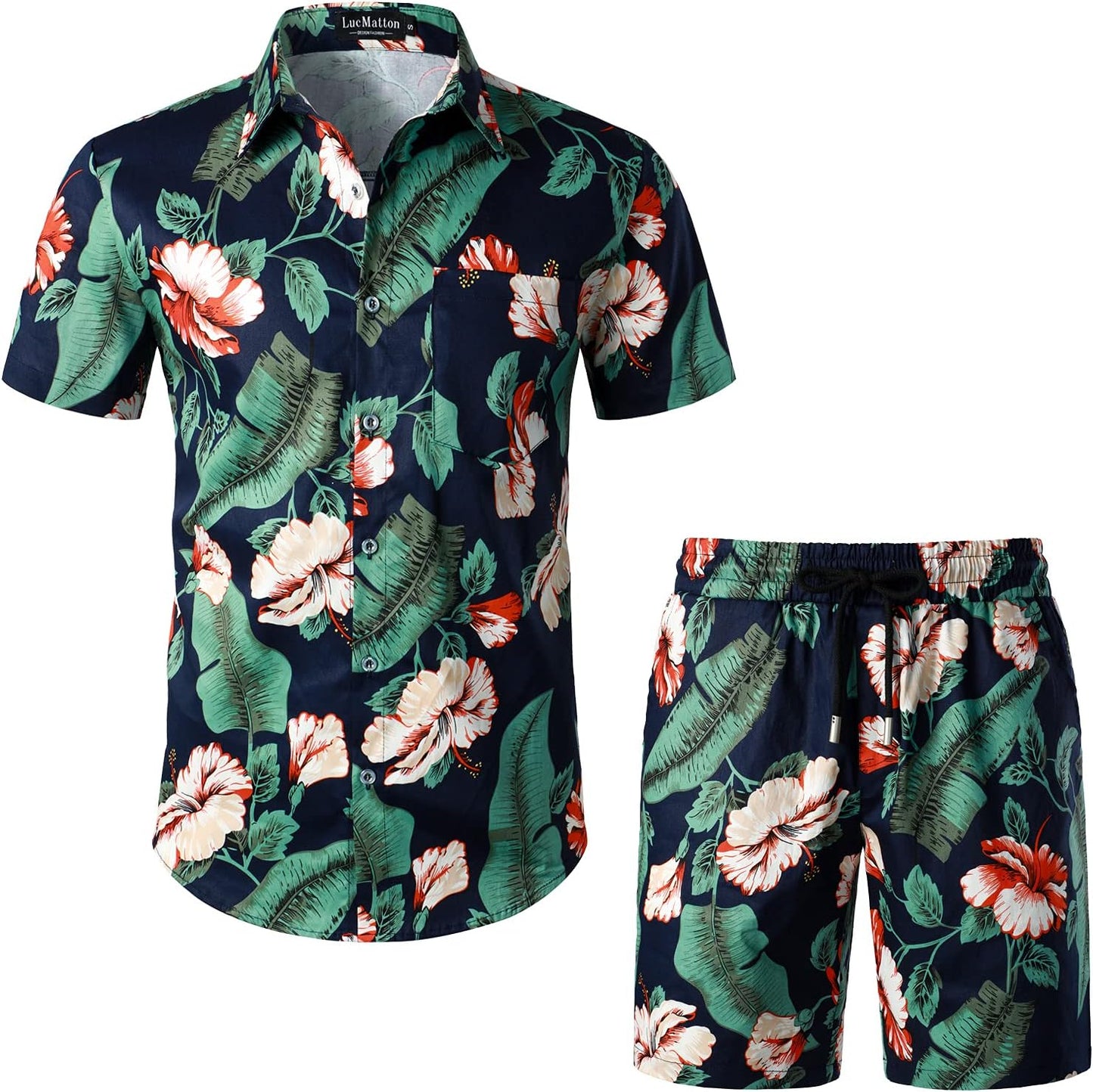 LucMatton Men's 2 Piece Floral Outfits Hipster Short Sleeve Button Down Shirt and Shorts Set Black Rose