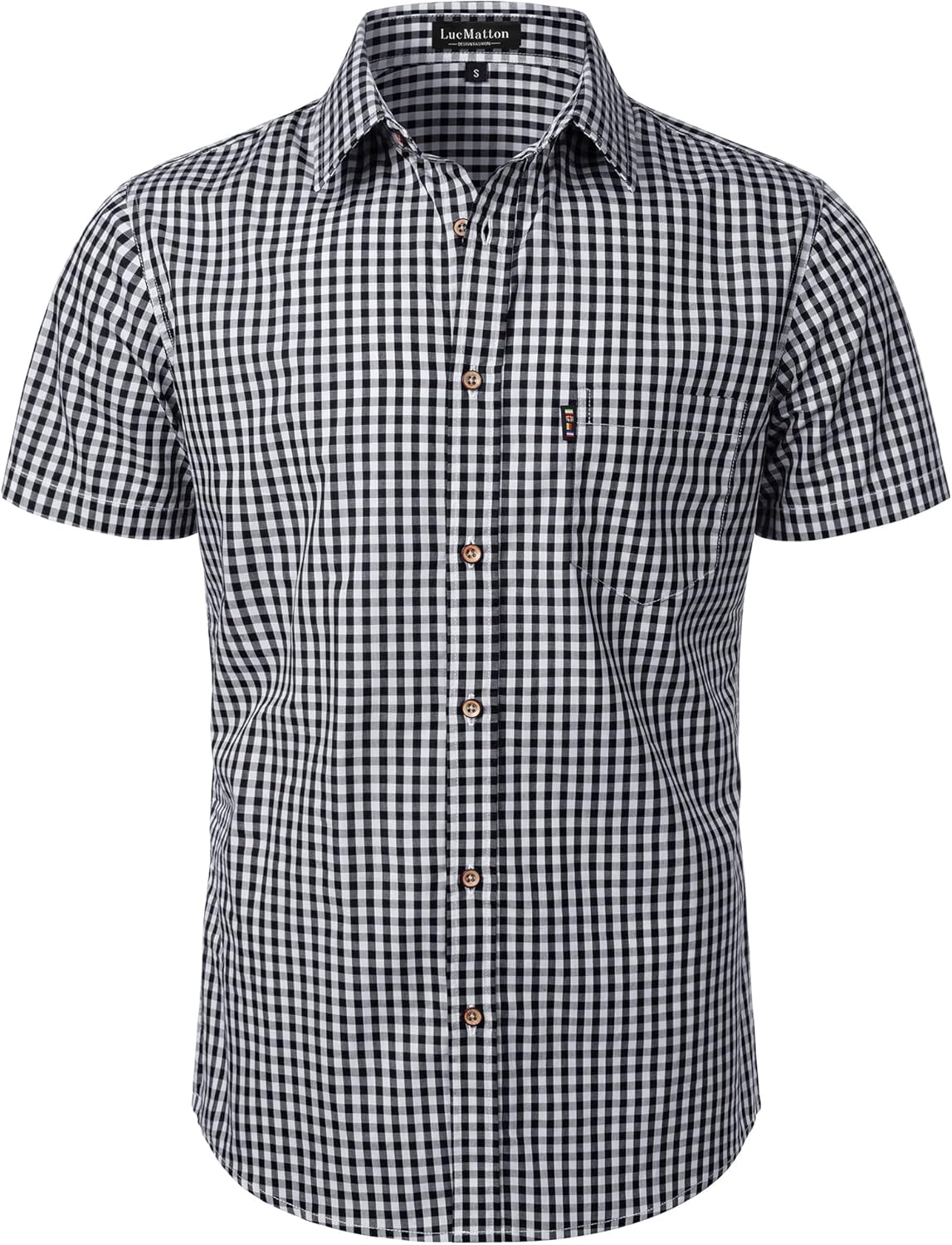 LucMatton Men's Gingham Short Sleeve Button Down Shirt Cotton Regular Fit Plaid Dress Shirts with Pocket