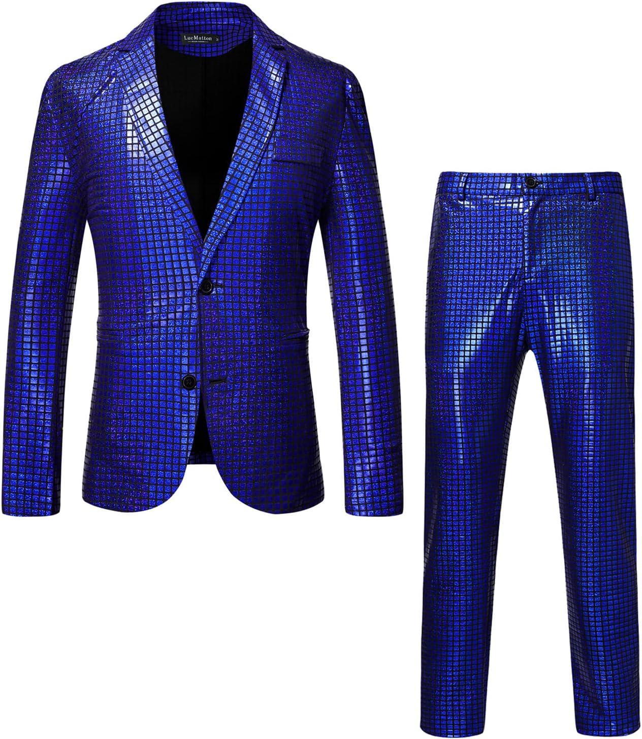 LucMatton Men's Metallic Sequin Suits 2 Piece Disco Sets, Shiny Jacket and Pants for Formal Events, Regular Fit, Long Sleeve, Dry Clean Only