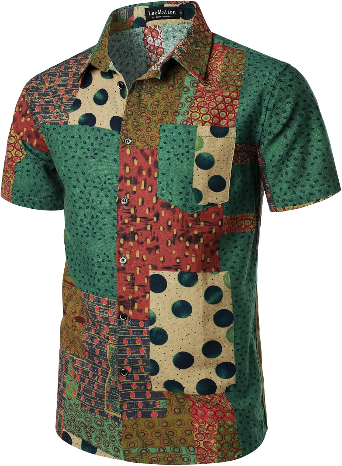 LucMatton Men's Cotton Linen Traditional Pattern Print Short Sleeve Button Down Hawaiian Shirts Green