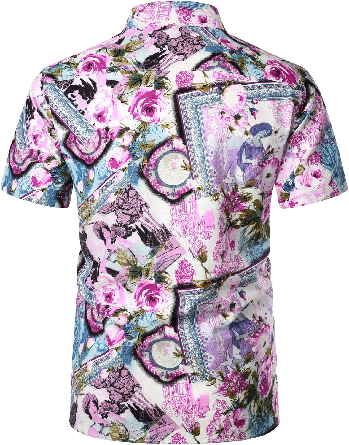 LucMatton Men's Cotton Linen Traditional Pattern Print Short Sleeve Button Down Hawaiian Shirts Pink