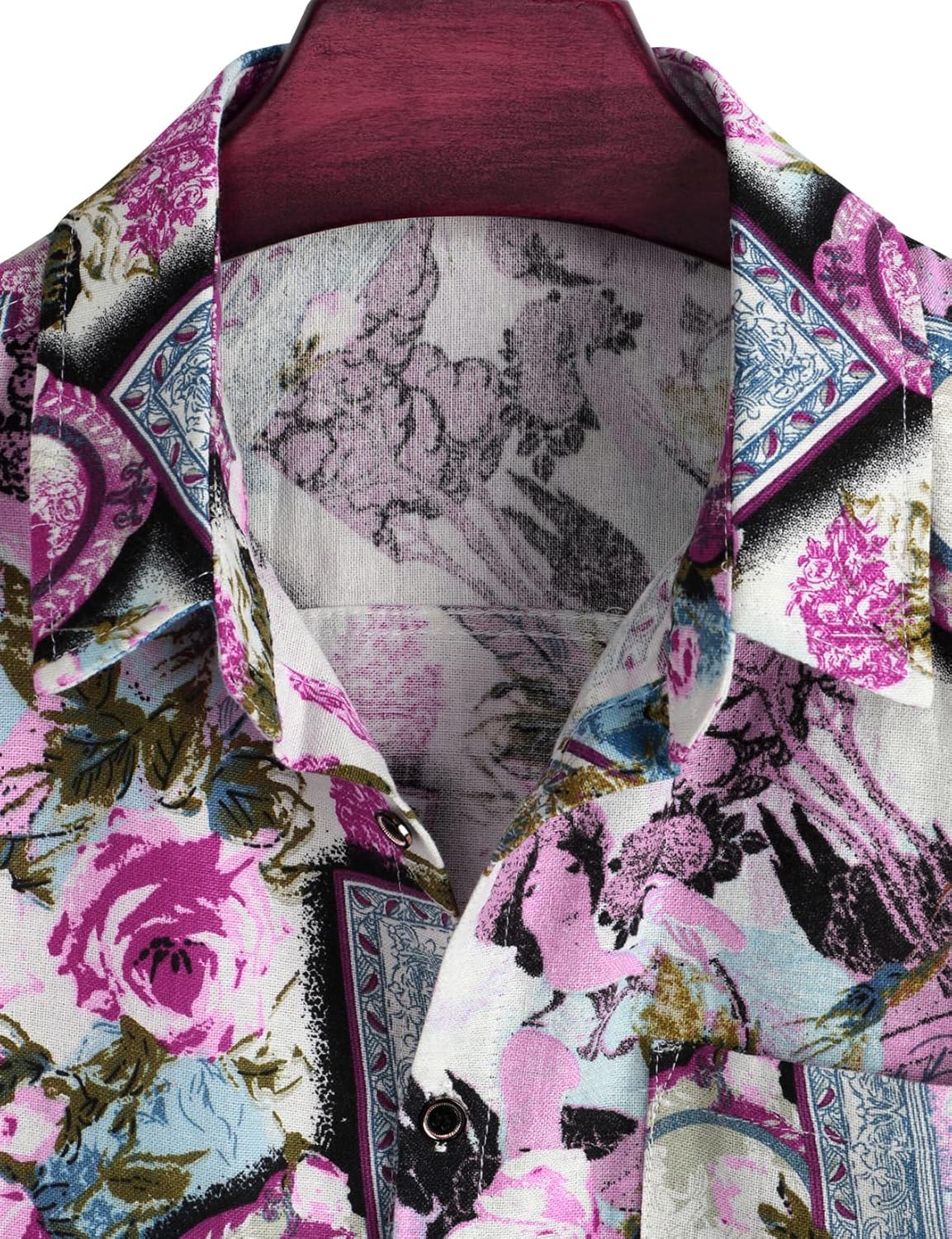 LucMatton Men's Cotton Linen Traditional Pattern Print Short Sleeve Button Down Hawaiian Shirts Pink