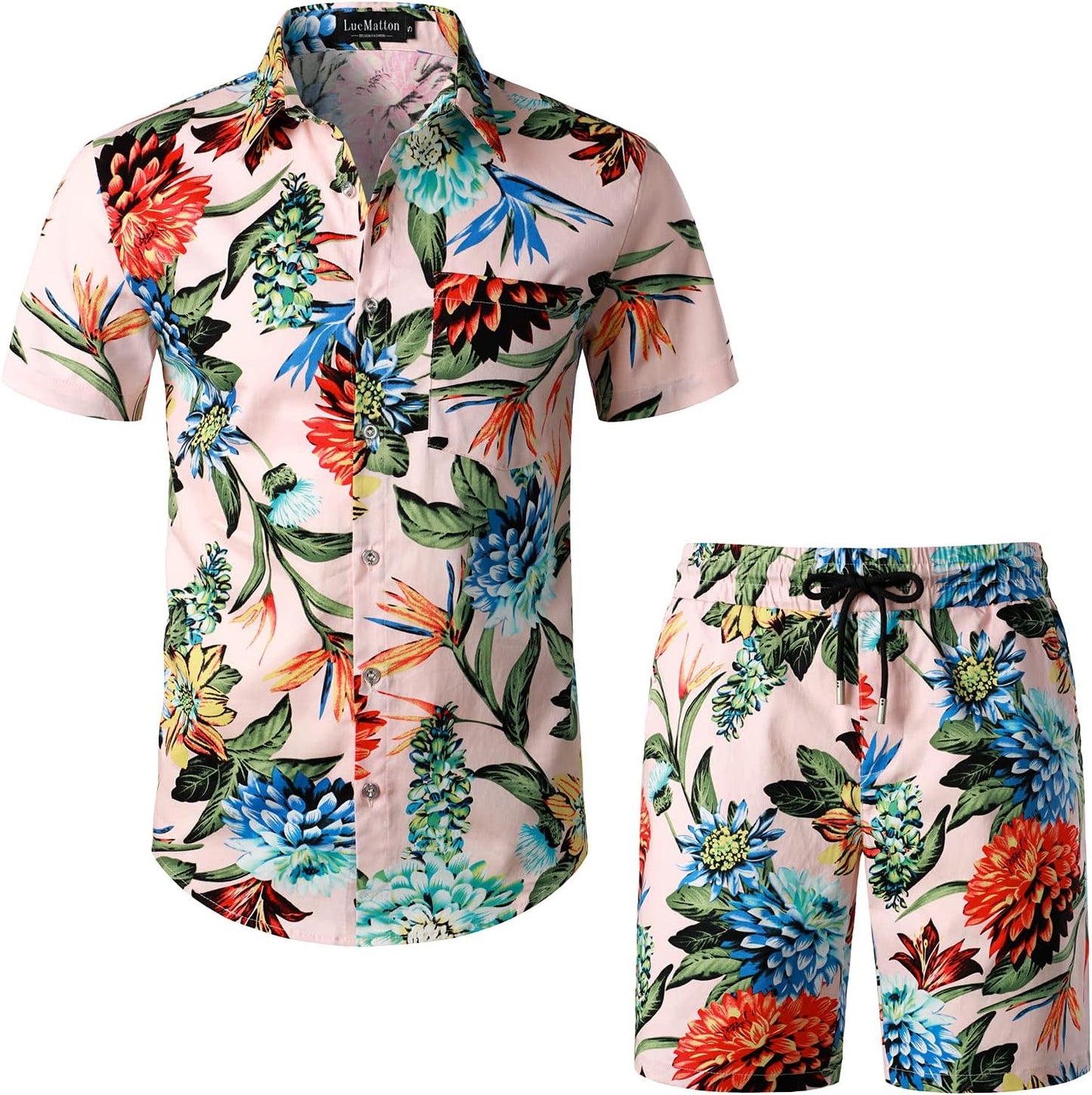 LucMatton Men's 2 Piece Floral Outfits Hipster Short Sleeve Button Down Shirt and Shorts Set Black Rose