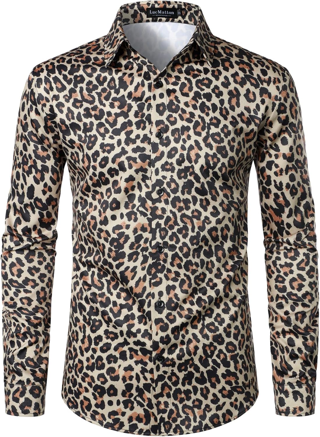 LucMatton Men's Hipster Long Sleeve Button Down Leopard Print Shirts for Club Rock Party Khaki Leopard