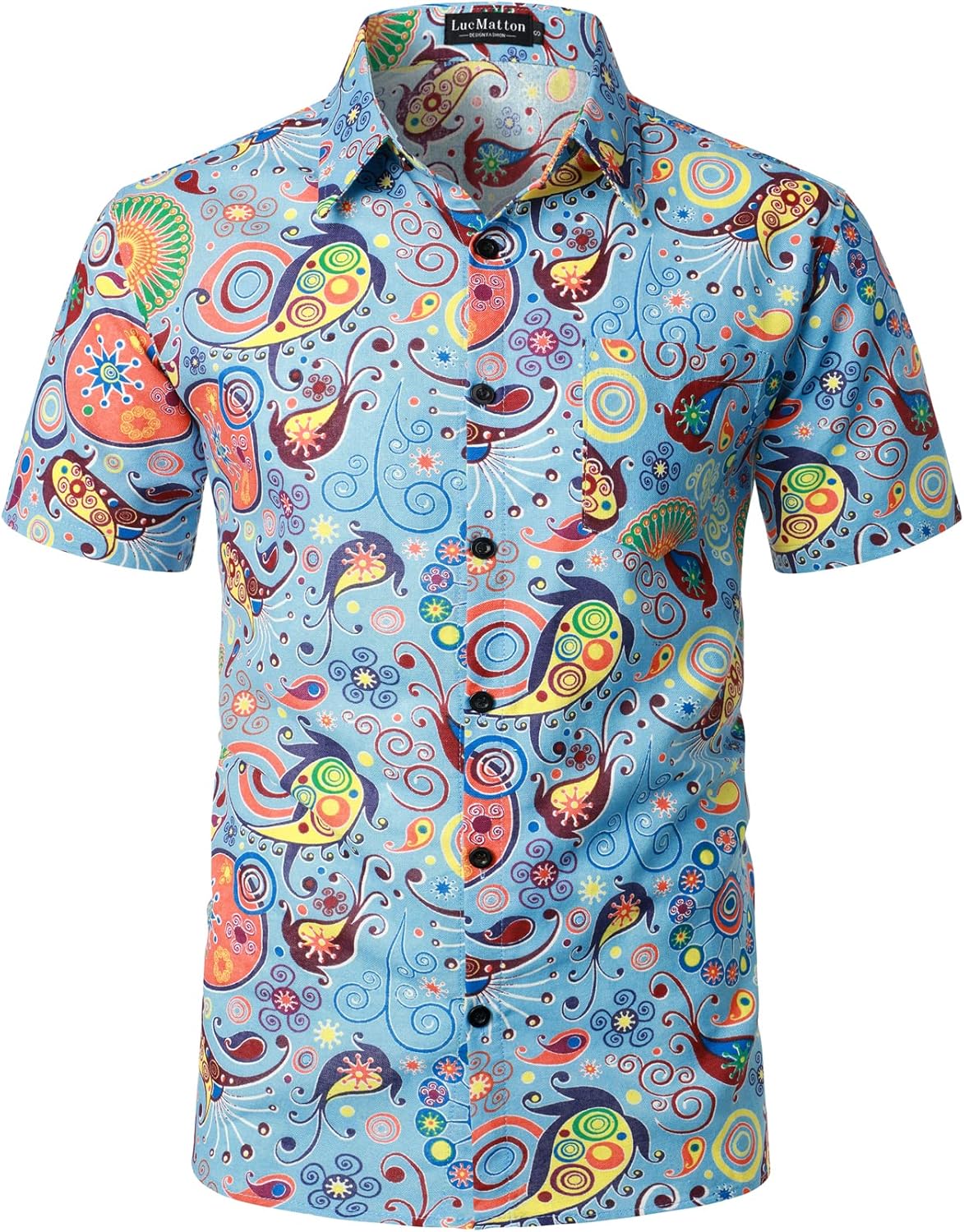 LucMatton Men's Cotton Linen Traditional Pattern Print Short Sleeve Button Down Hawaiian Shirts Blue
