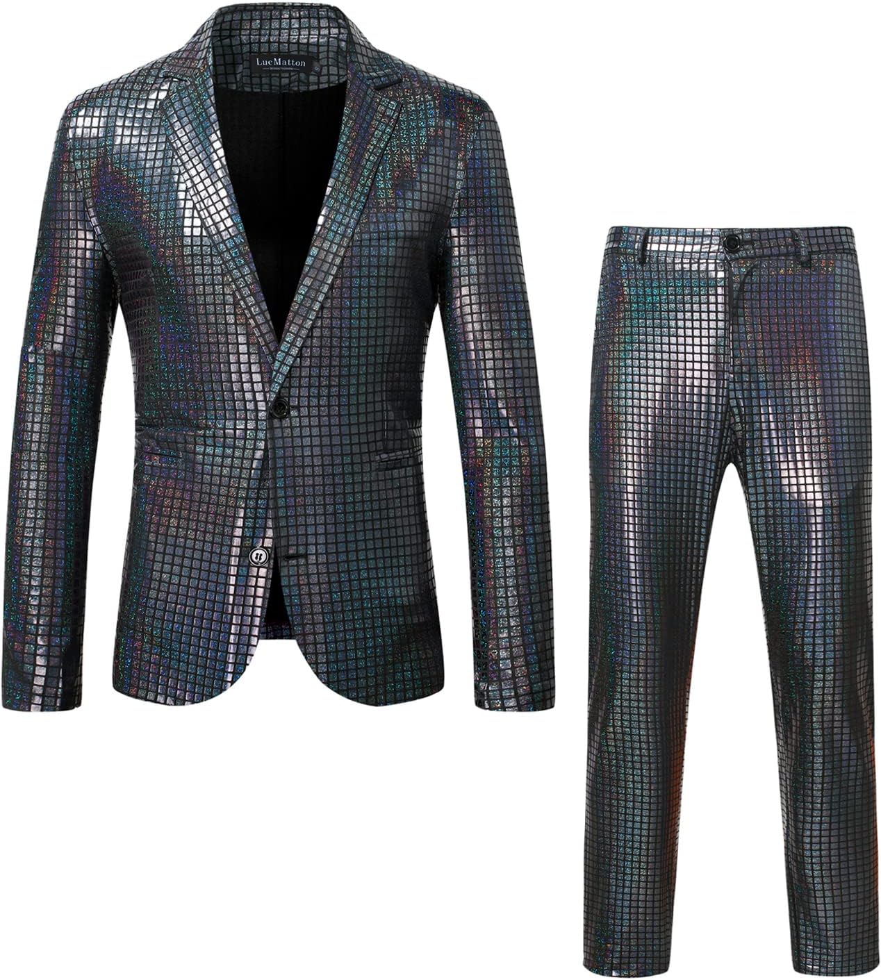 LucMatton Men's Metallic Sequin Suits 2 Piece Disco Sets, Shiny Jacket and Pants for Formal Events, Regular Fit, Long Sleeve, Dry Clean Only