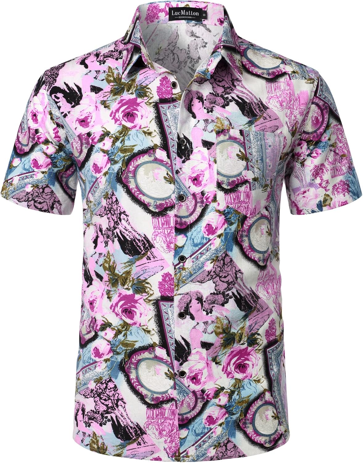 LucMatton Men's Cotton Linen Traditional Pattern Print Short Sleeve Button Down Hawaiian Shirts Pink