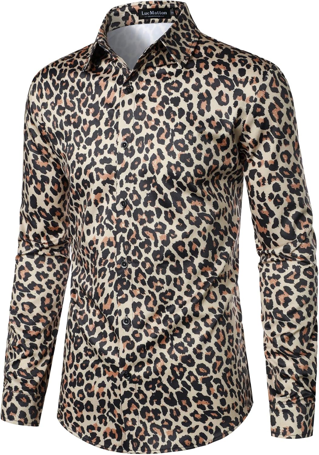 LucMatton Men's Hipster Long Sleeve Button Down Leopard Print Shirts for Club Rock Party Khaki Leopard