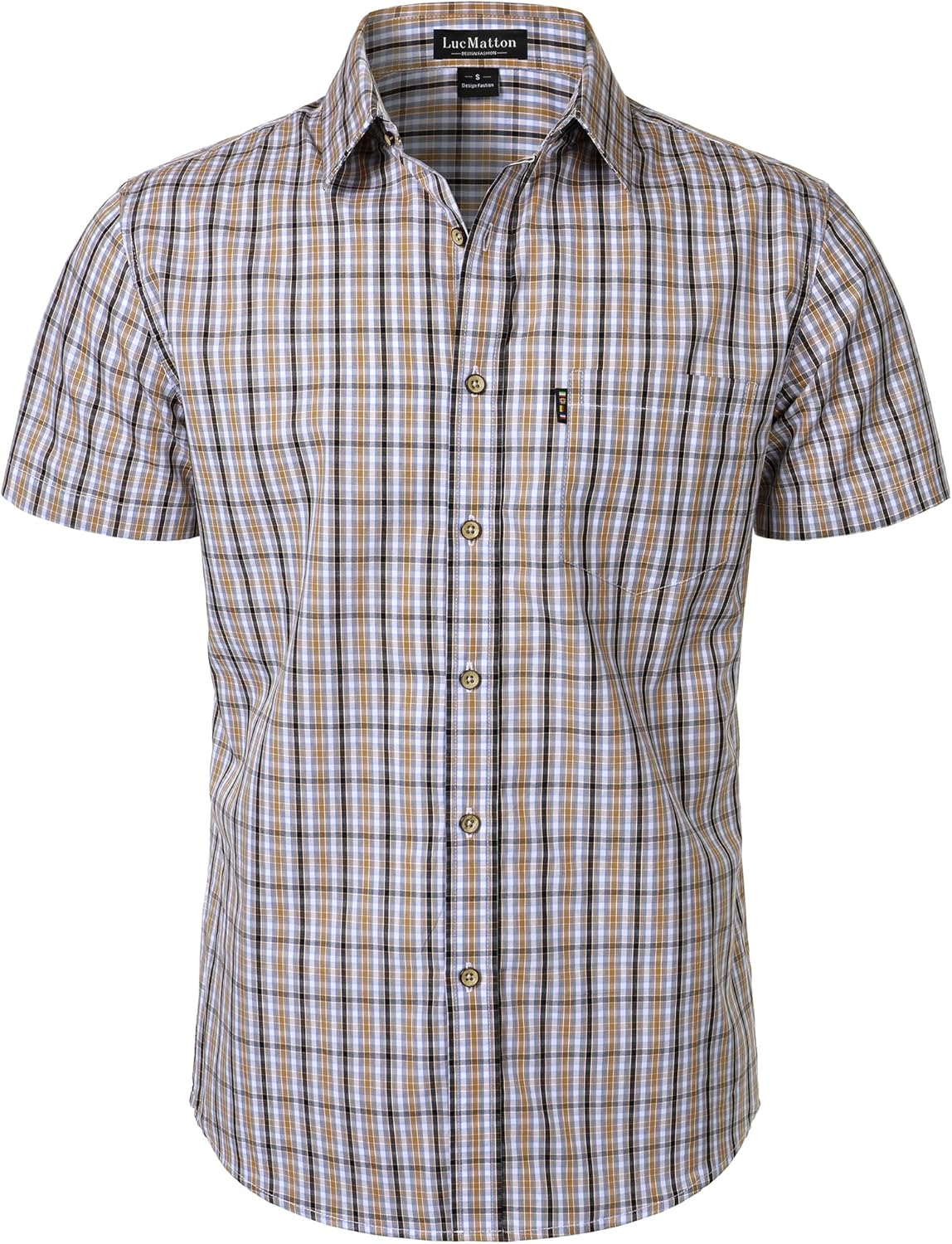 LucMatton Men's Gingham Short Sleeve Button Down Shirt Cotton Regular Fit Plaid Dress Shirts with Pocket