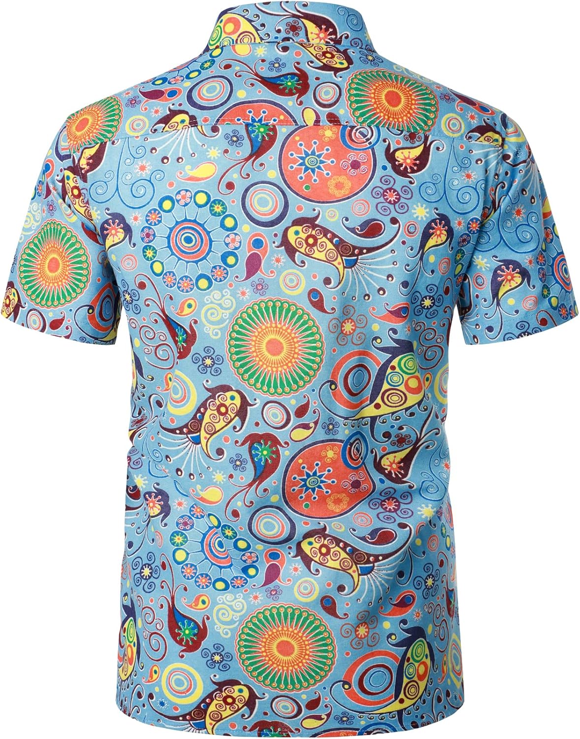 LucMatton Men's Cotton Linen Traditional Pattern Print Short Sleeve Button Down Hawaiian Shirts Blue