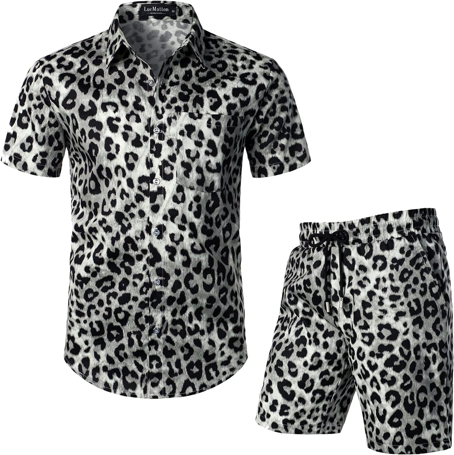 LucMatton Men's 2 Piece Floral Outfits Hipster Short Sleeve Button Down Shirt and Shorts Set Black Rose