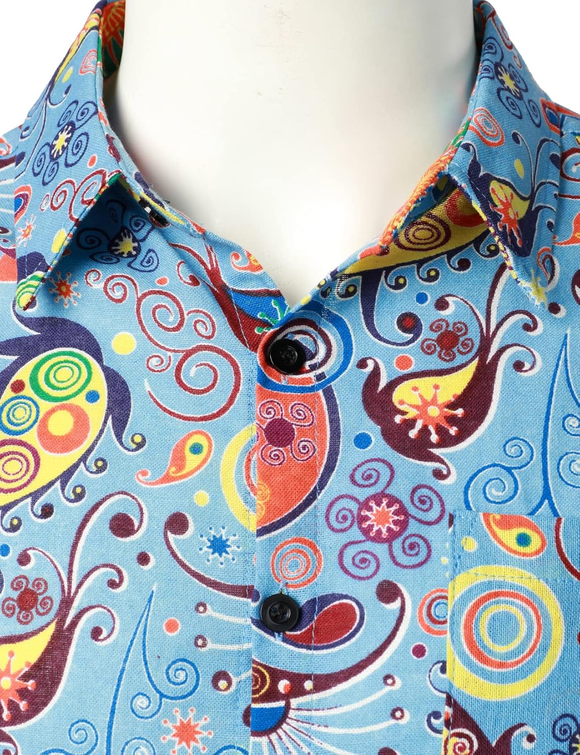 LucMatton Men's Cotton Linen Traditional Pattern Print Short Sleeve Button Down Hawaiian Shirts Blue