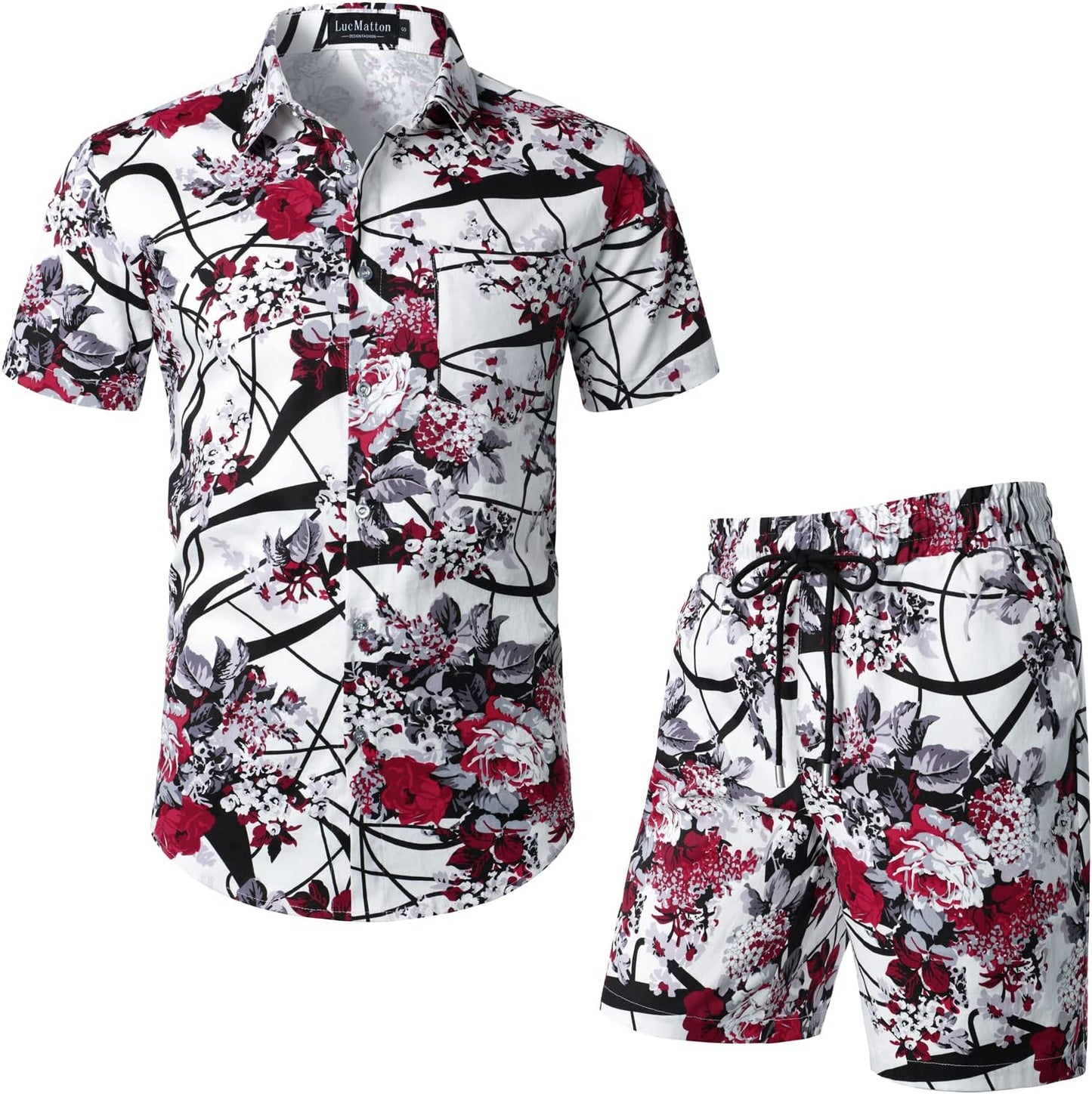 LucMatton Men's 2 Piece Floral Outfits Hipster Short Sleeve Button Down Shirt and Shorts Set Black Rose