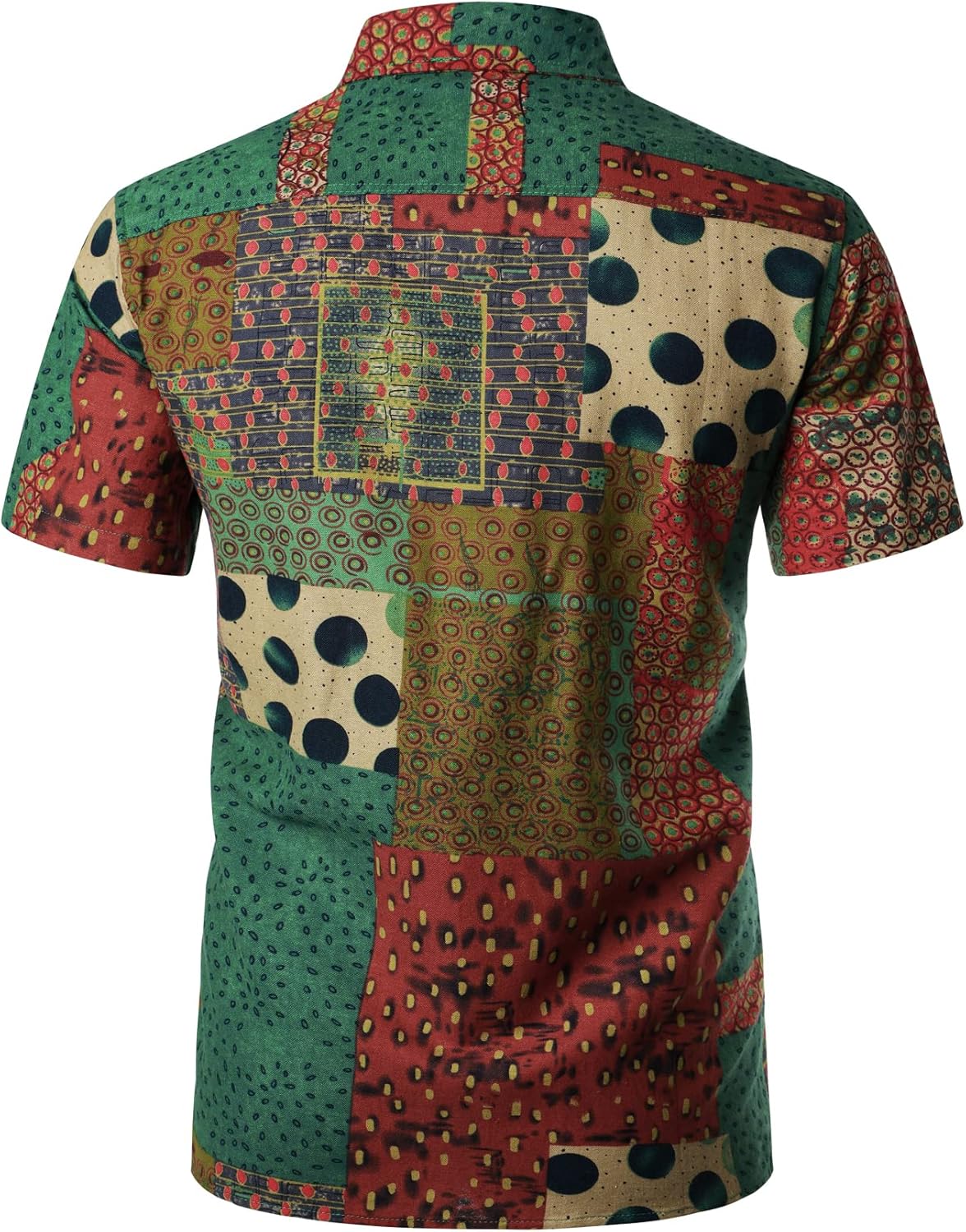 LucMatton Men's Cotton Linen Traditional Pattern Print Short Sleeve Button Down Hawaiian Shirts Green