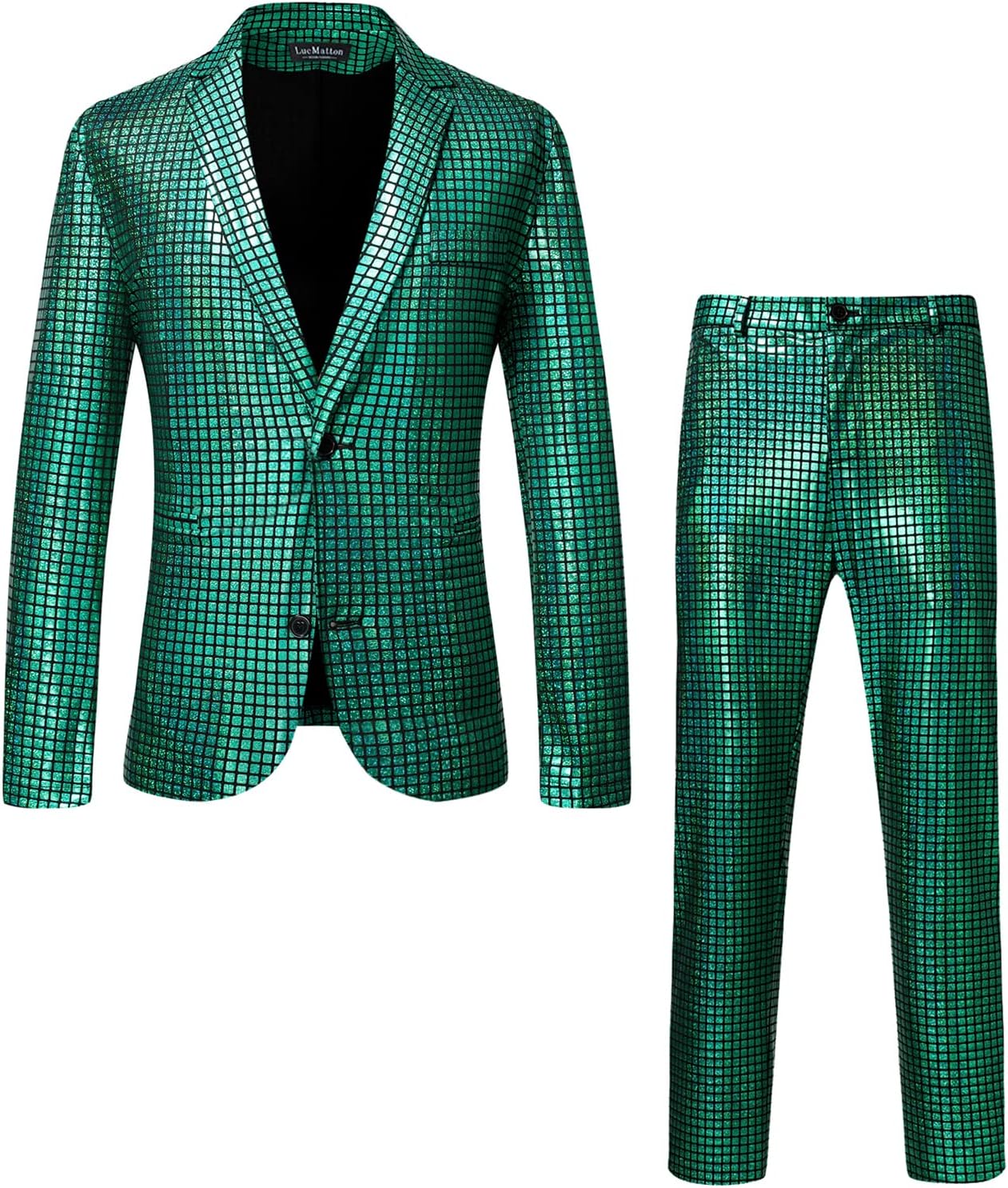 LucMatton Men's Metallic Sequin Suits 2 Piece Disco Sets, Shiny Jacket and Pants for Formal Events, Regular Fit, Long Sleeve, Dry Clean Only