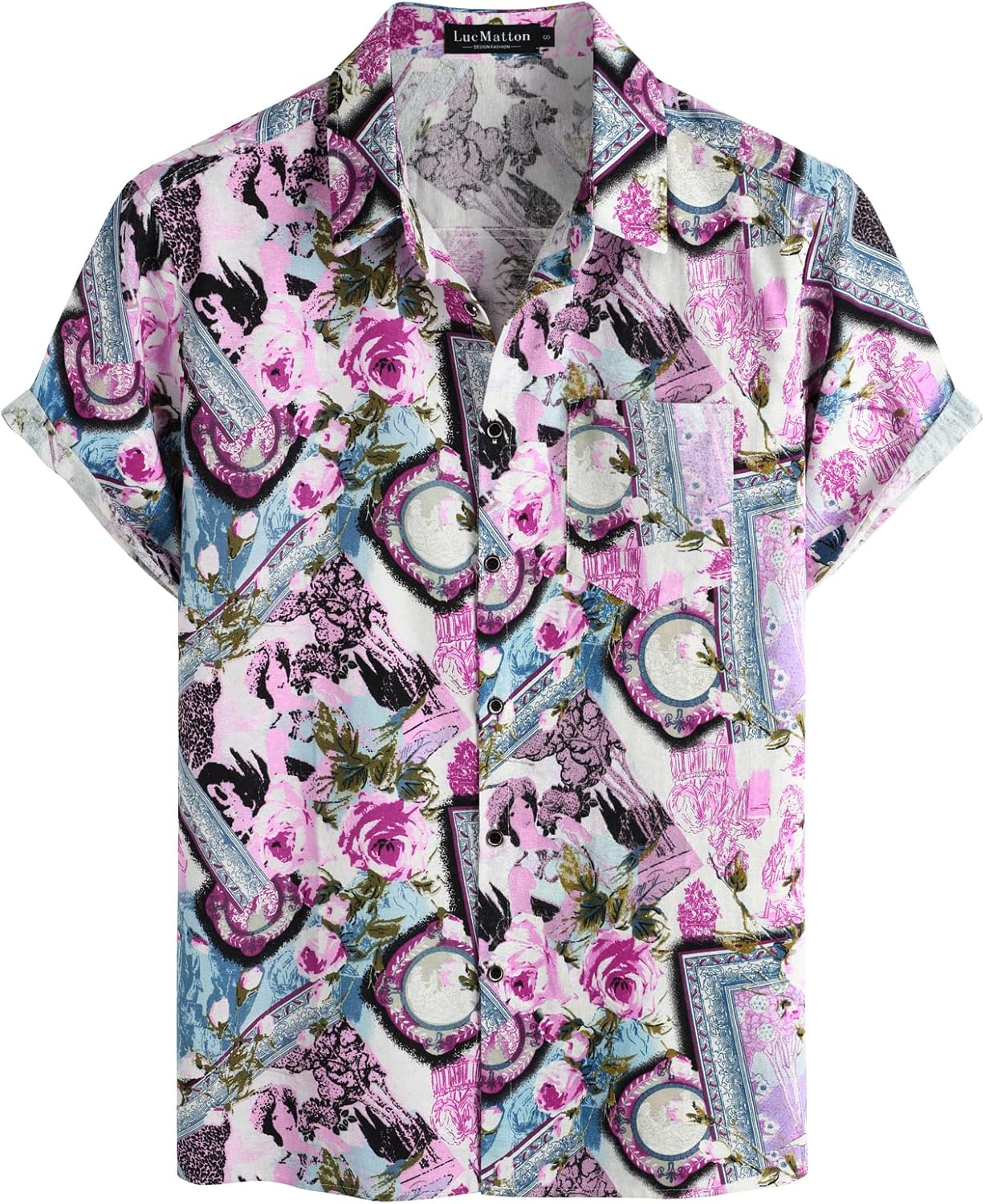 LucMatton Men's Cotton Linen Traditional Pattern Print Short Sleeve Button Down Hawaiian Shirts Pink